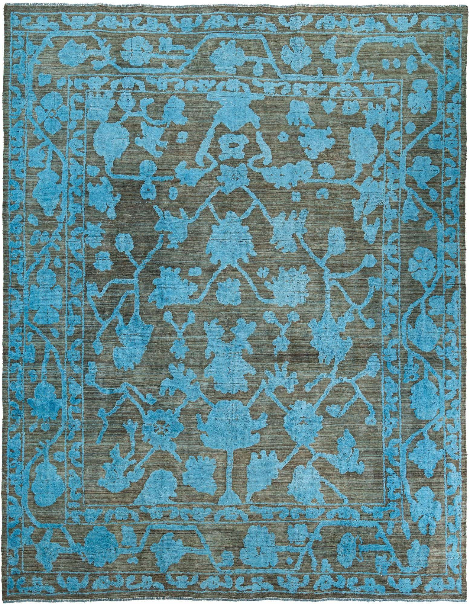 A 9x12 rectangular Oushak rug featuring a modern floral pattern in bright teal blue against a dark charcoal background.