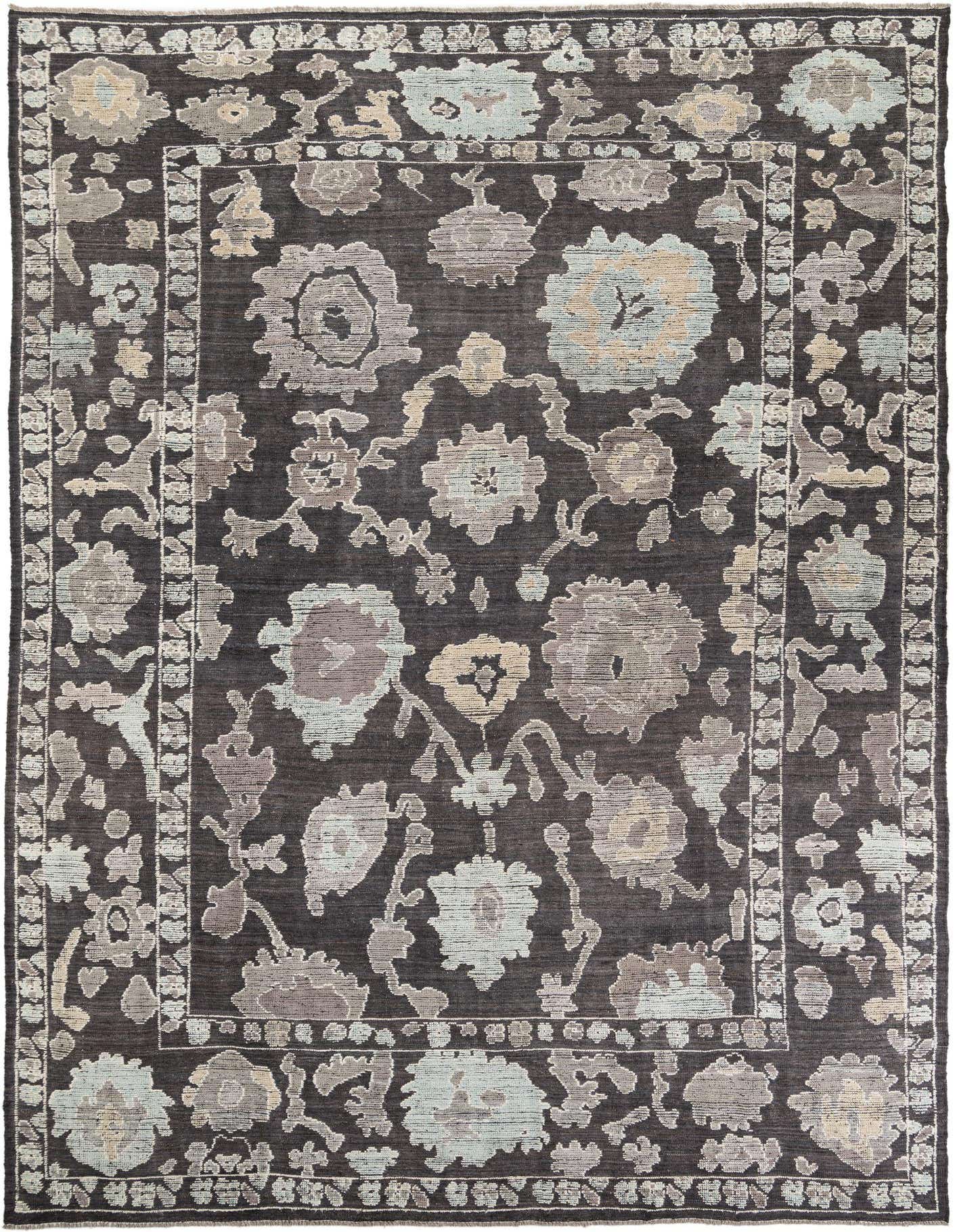 A 10x14 rectangular Oushak wool rug with a dark black background and an intricate floral and botanical pattern in muted grey, beige, and light blue, framed by a decorative border.