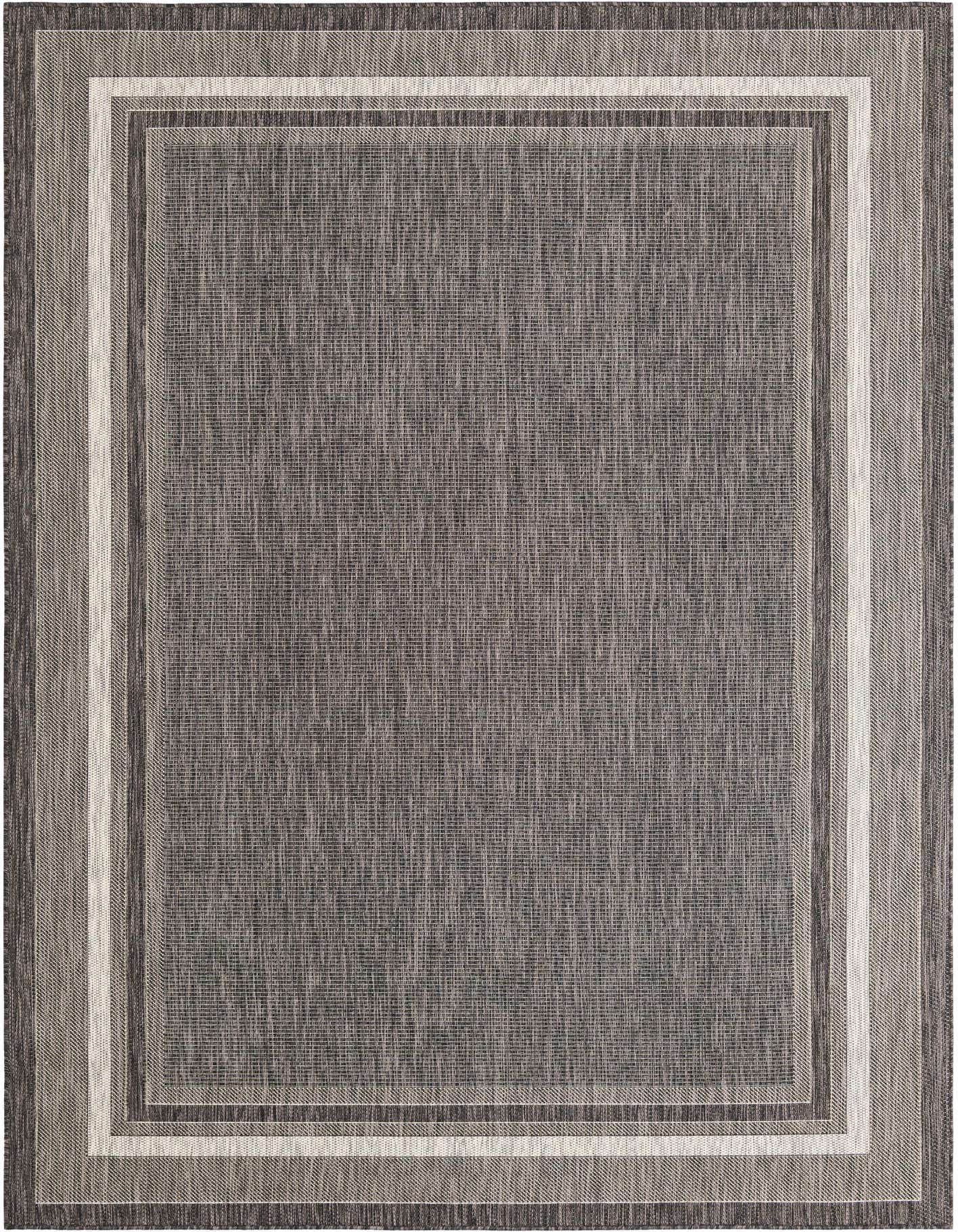 A 7x10 rectangular black and gray modern outdoor rug with a multi-toned border, featuring a flatweave texture.