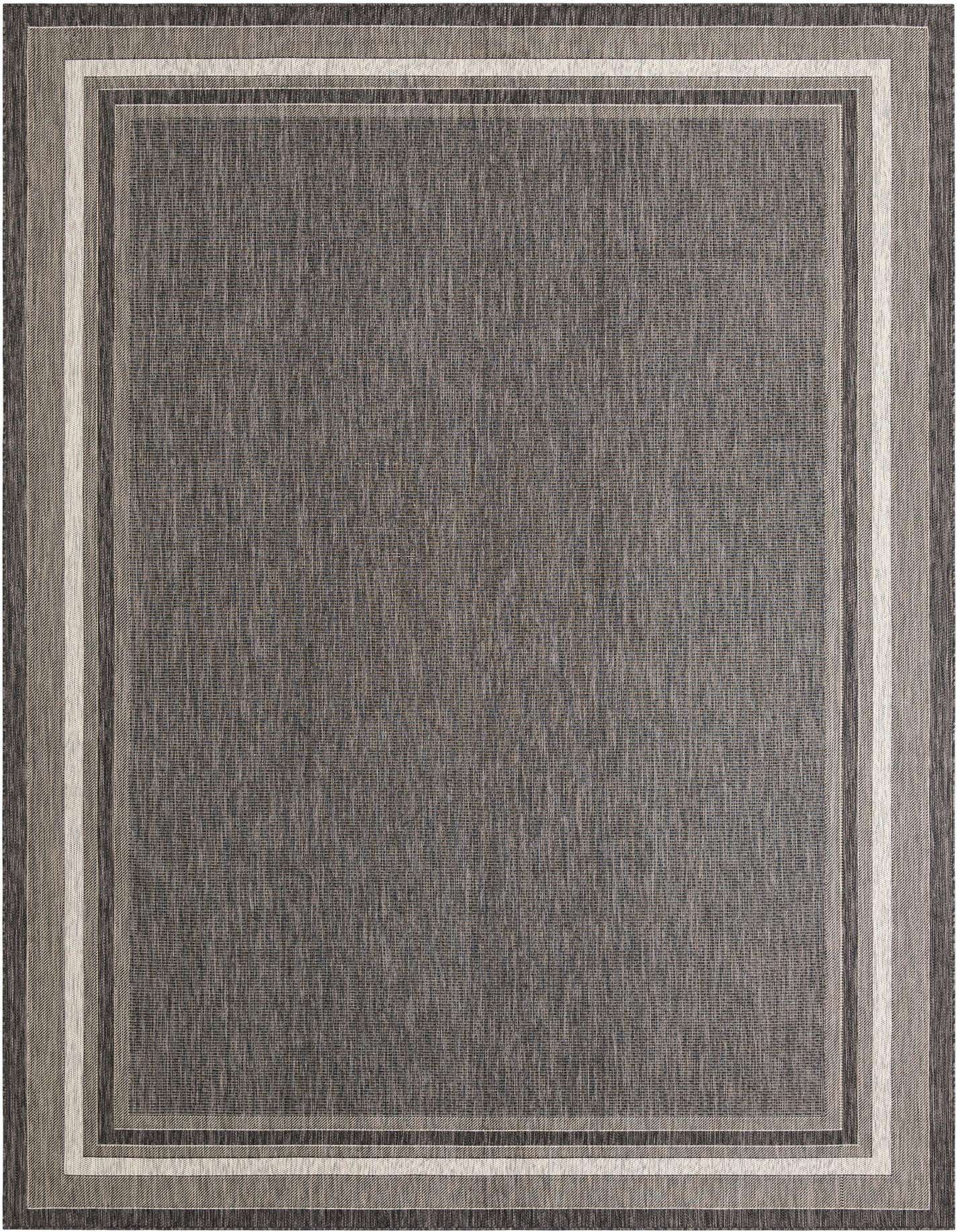 A 10x14 rectangular black modern outdoor rug with a subtle border in varying shades of gray, ideal for a patio.