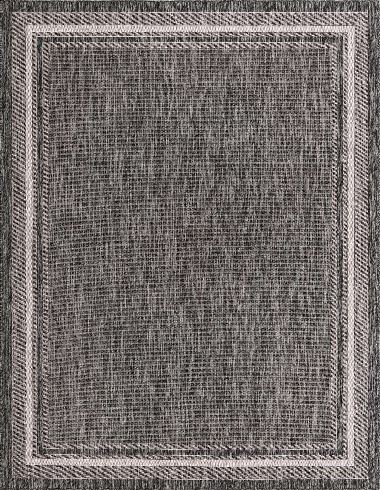 A 10x13 rectangular black modern flatweave rug with a subtle border, suitable for indoor or outdoor use.
