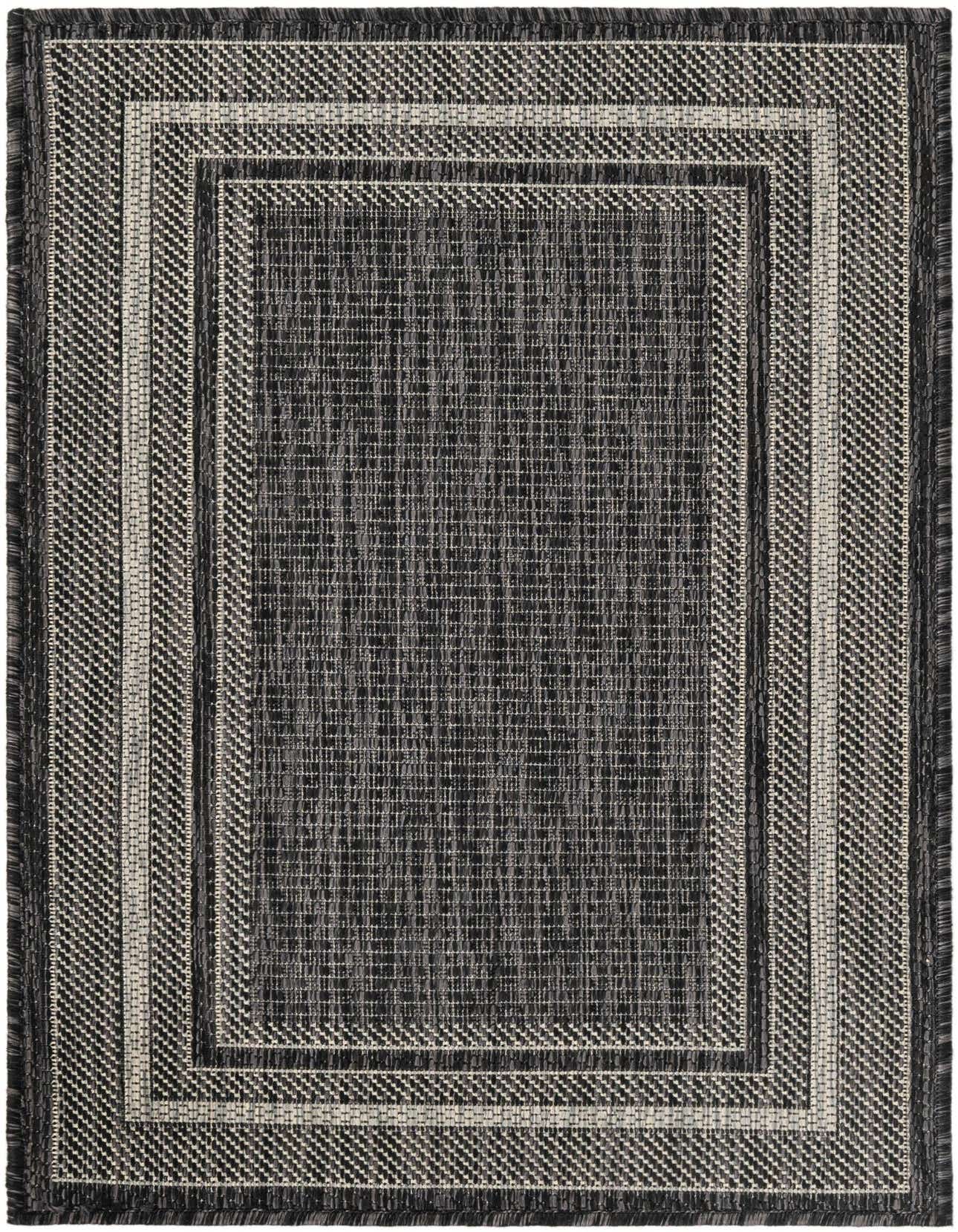 A 2x3 rectangular black and grey flatweave rug with a modern border design, suitable for indoor or outdoor use.
