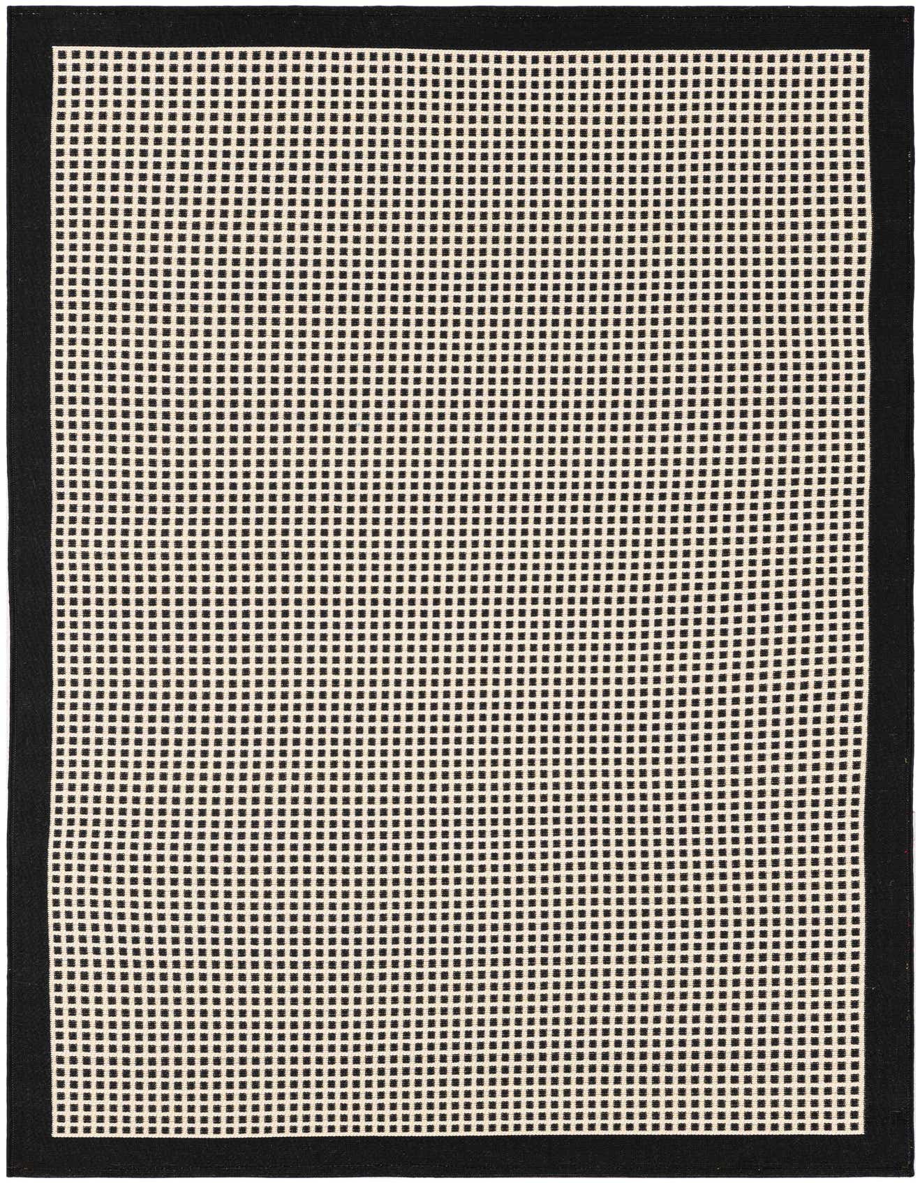 A 4x6 rectangular black and off-white modern rug with a grid pattern and solid black border, suitable for indoor or outdoor use.