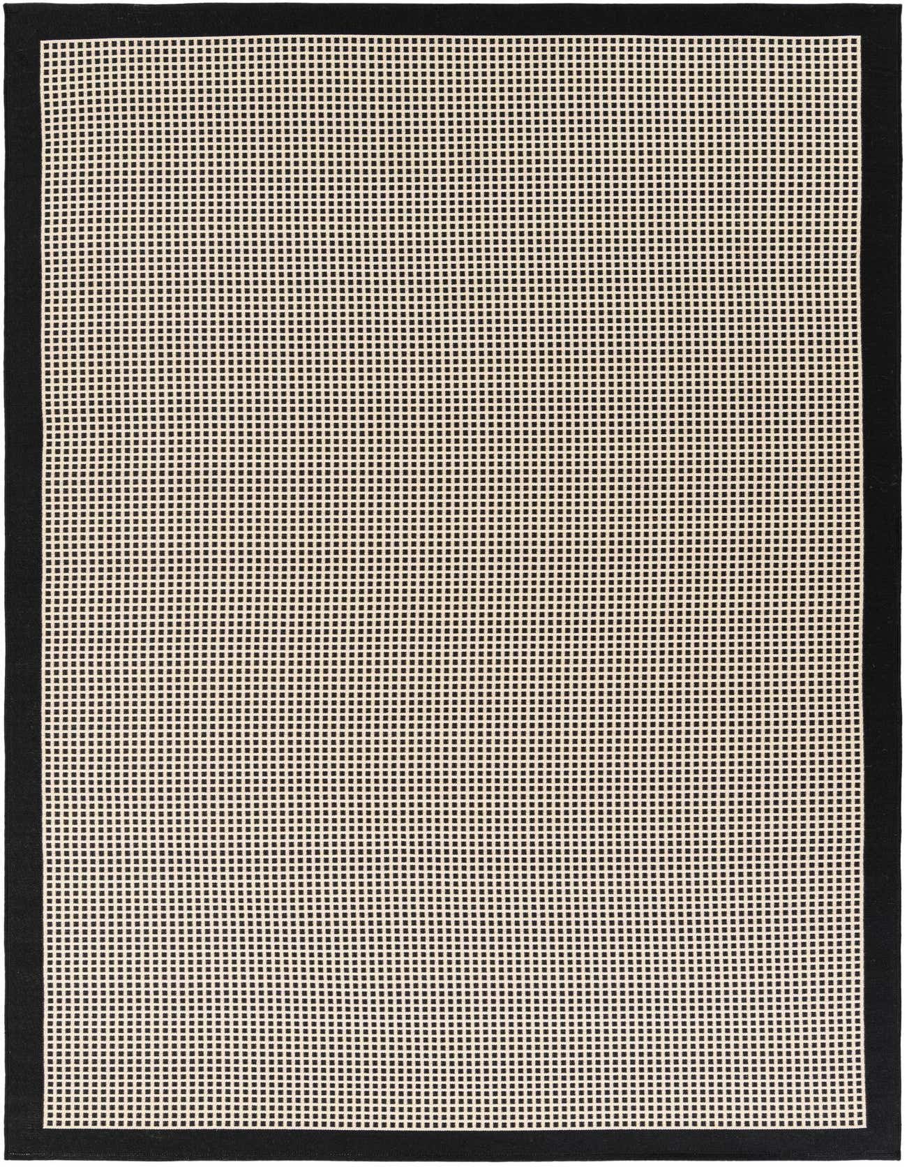 A 6x9 rectangular black and off-white modern flatweave rug with a textured grid pattern and a solid black border.