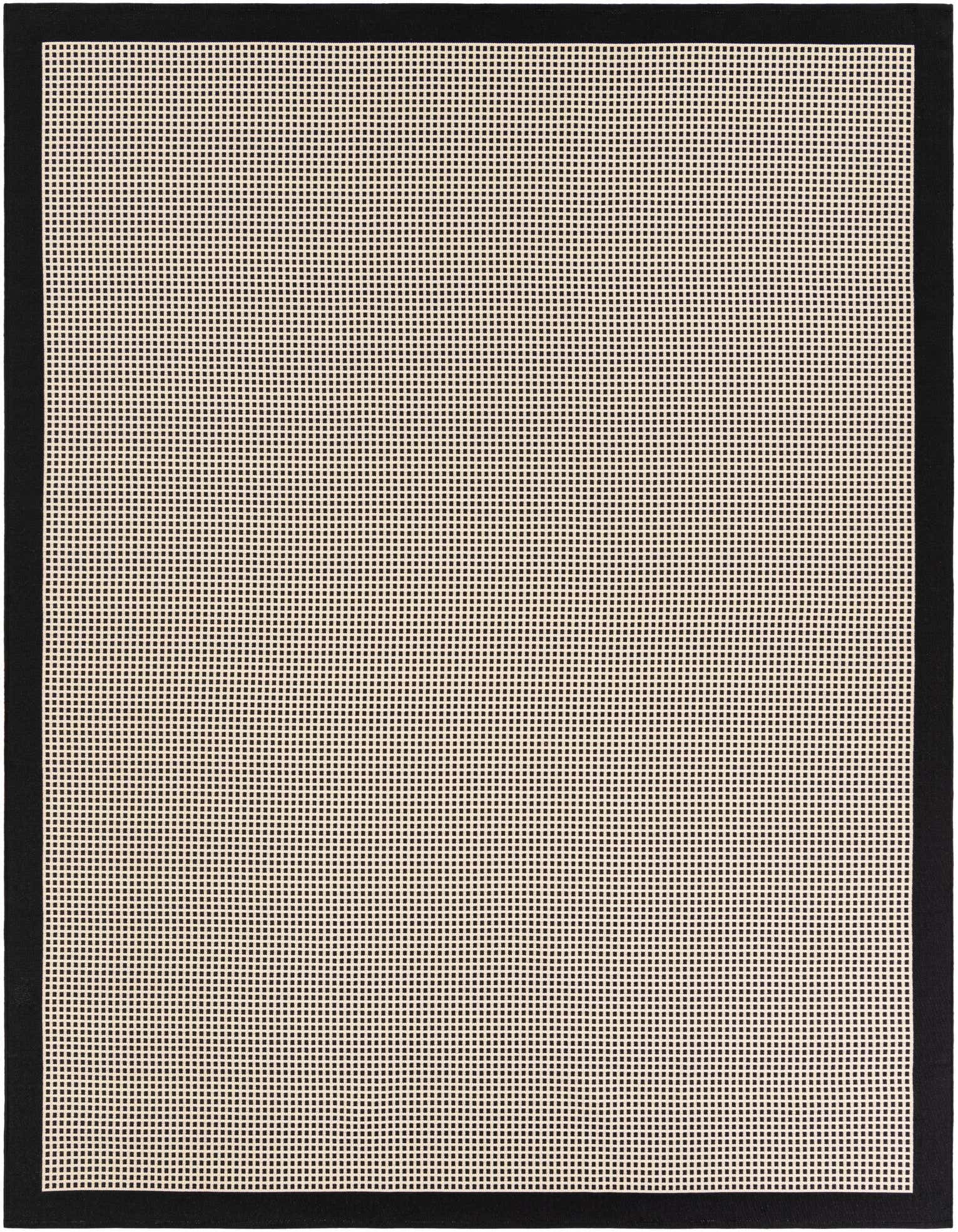 A rectangular 8x10 black modern indoor/outdoor rug with a textured flatweave pile and a solid black border.