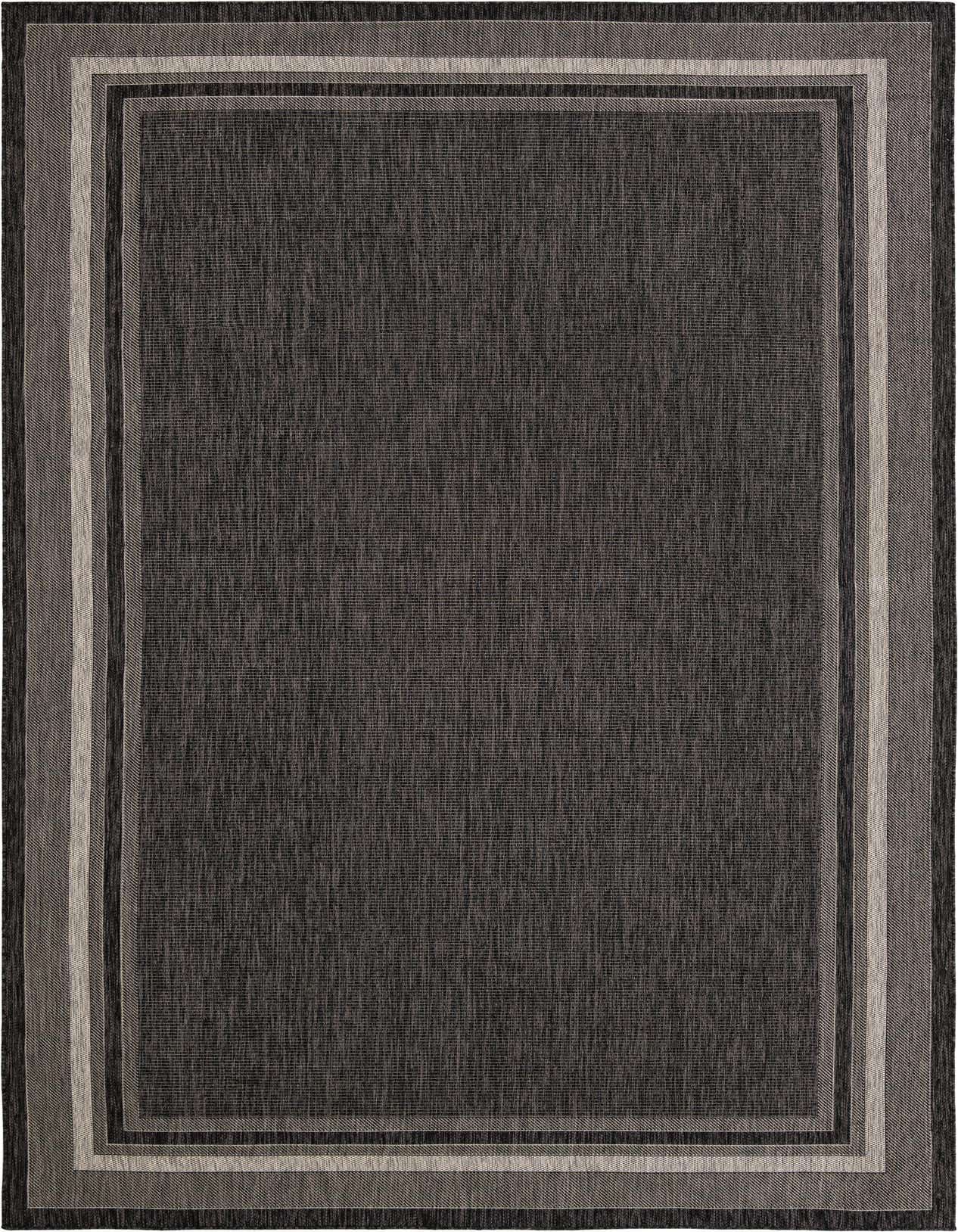 A 10x13 rectangular black modern indoor/outdoor rug with a subtle striped border in varying shades of black and grey.