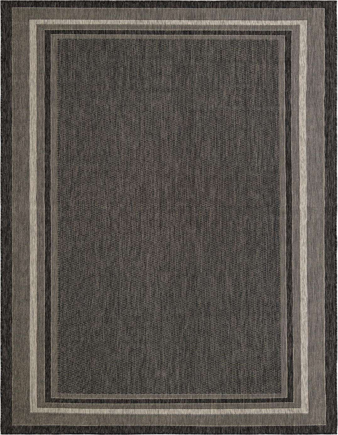 A 9x12 rectangular black modern flatweave rug with a multi-toned border, suitable for indoor or outdoor use.