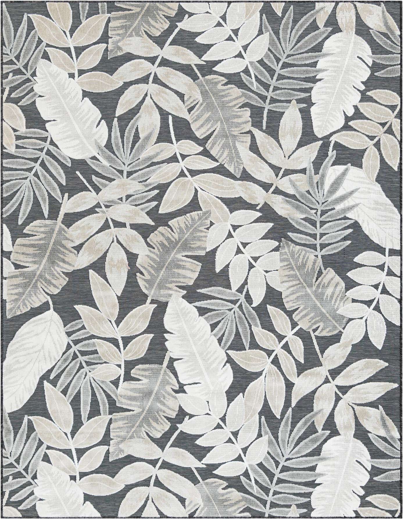 A 6x9 rectangular black rug with a tropical leaf pattern in shades of white, beige, and light gray, suitable for indoor/outdoor use.