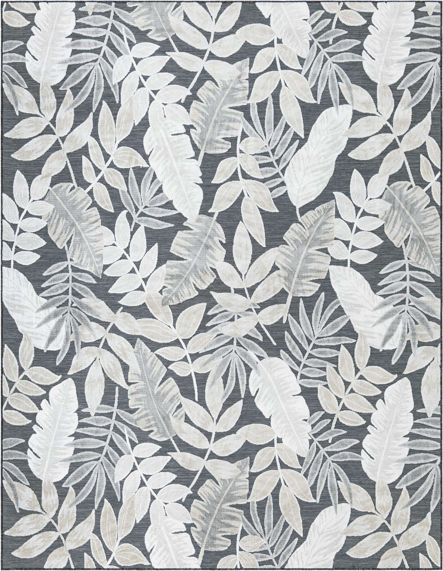 A rectangular 8x10 black and white tropical leaf rug, suitable for indoor or outdoor use.