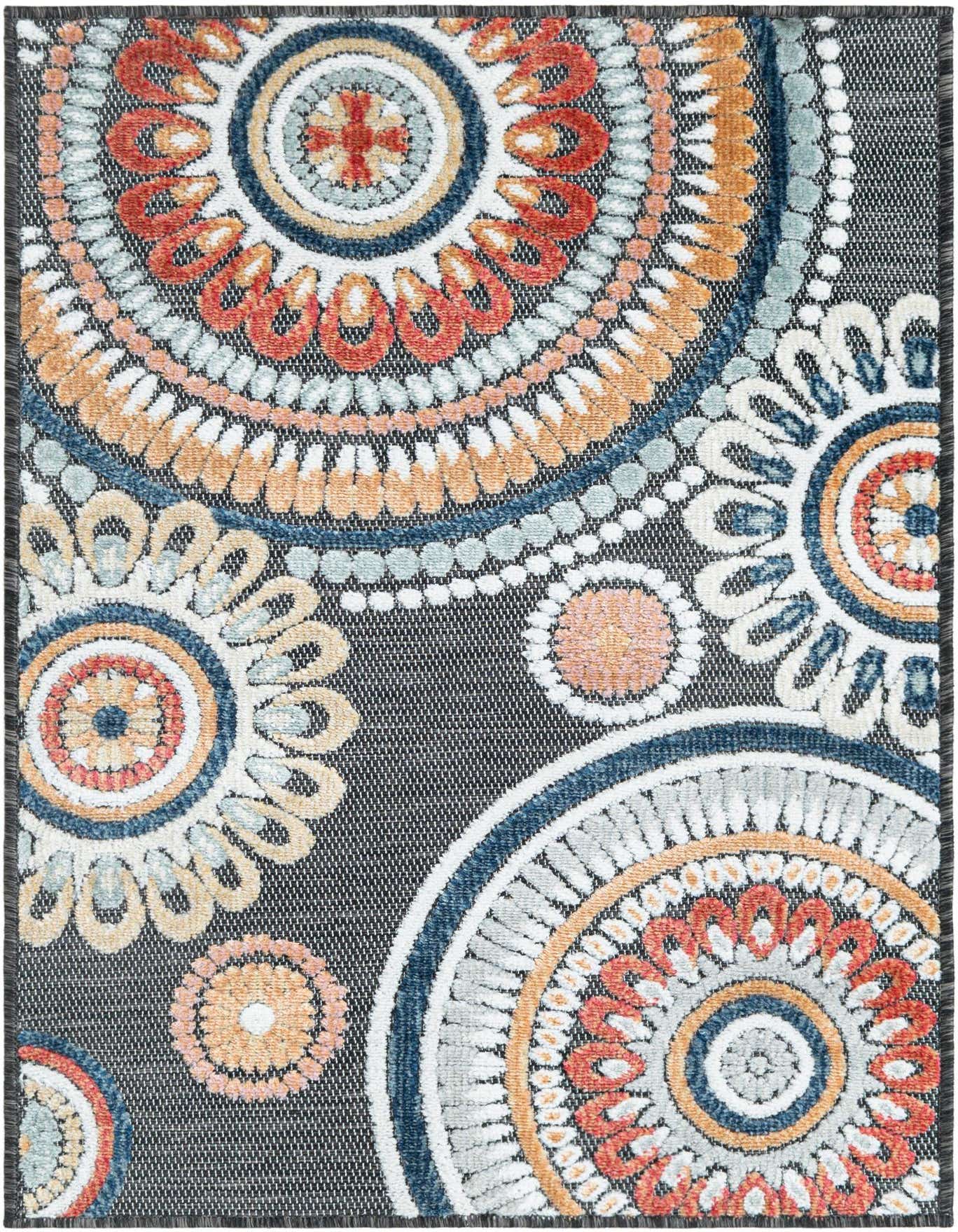 A 2x3 rectangular Rugs.com Outdoor Botanical rug with a black background and colorful modern abstract medallions in shades of orange, blue, and white.