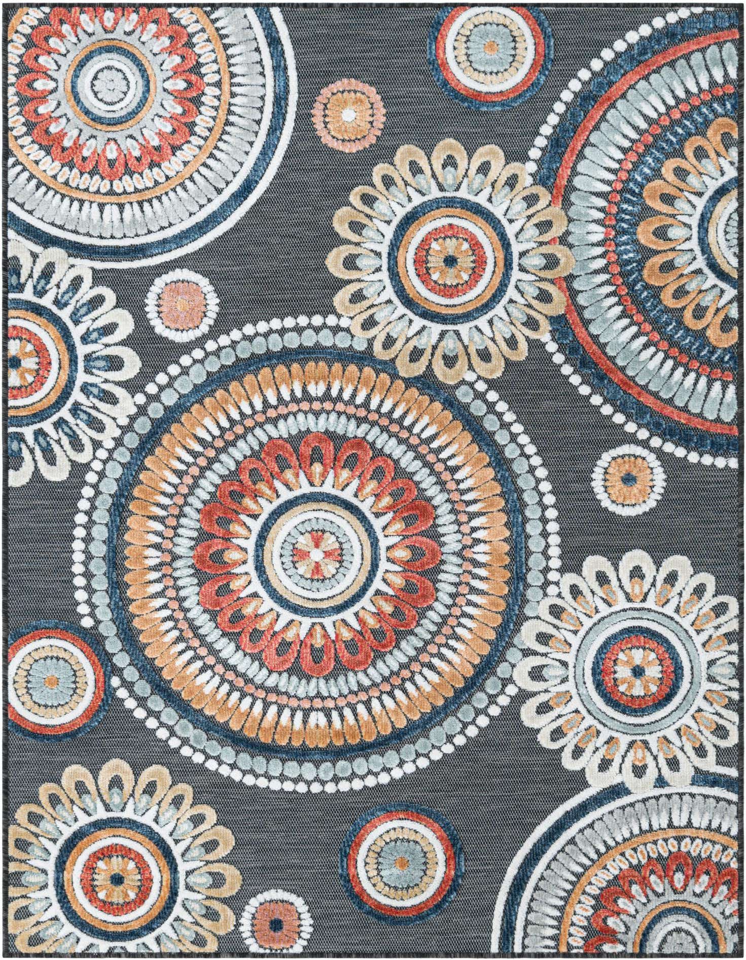 A 4x6 rectangular black indoor/outdoor rug with a modern abstract pattern of colorful circular medallions in shades of orange, blue, and white.