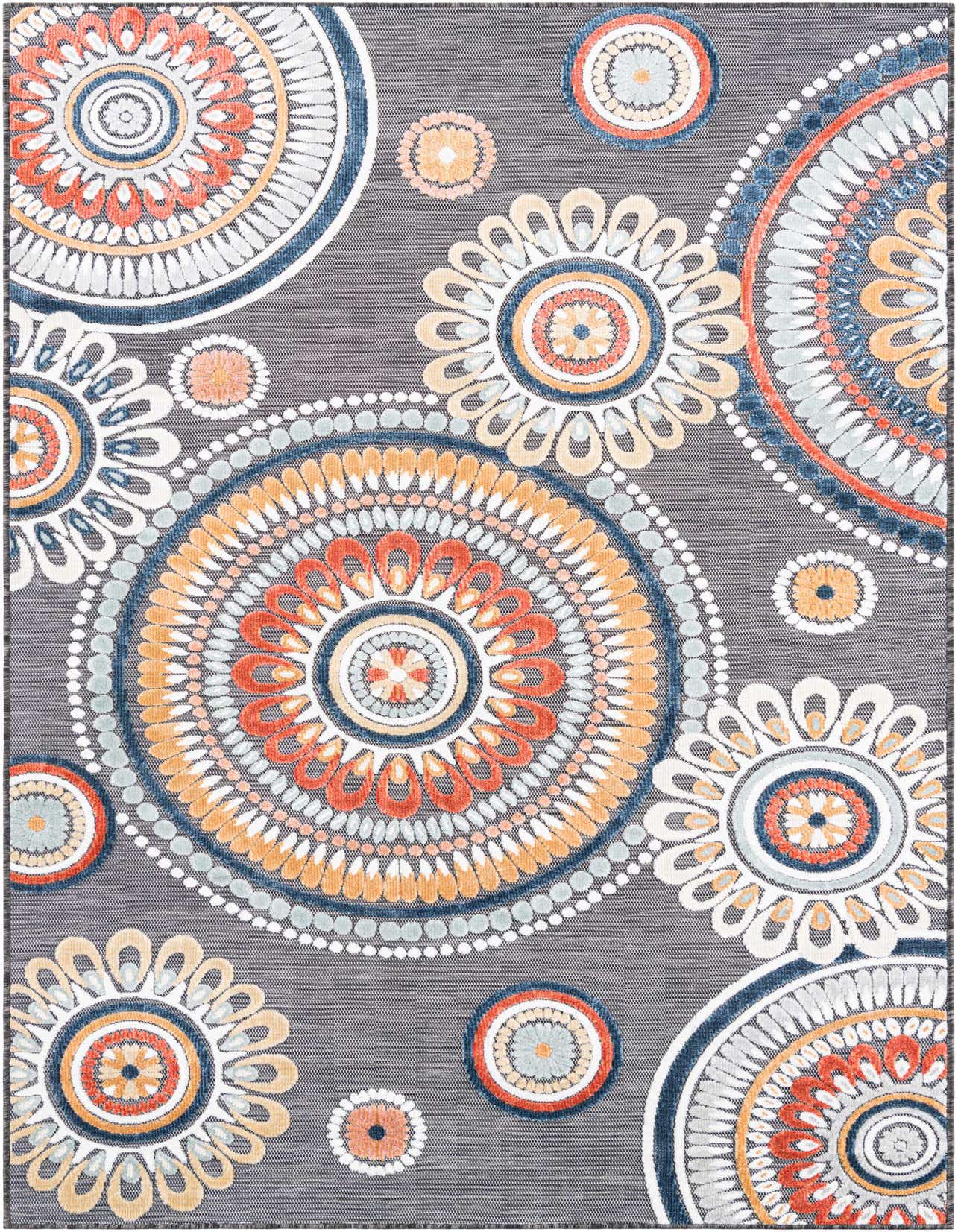 A 5x8 rectangular black rug with large, vibrant modern floral and mandala patterns in orange, blue, and white.