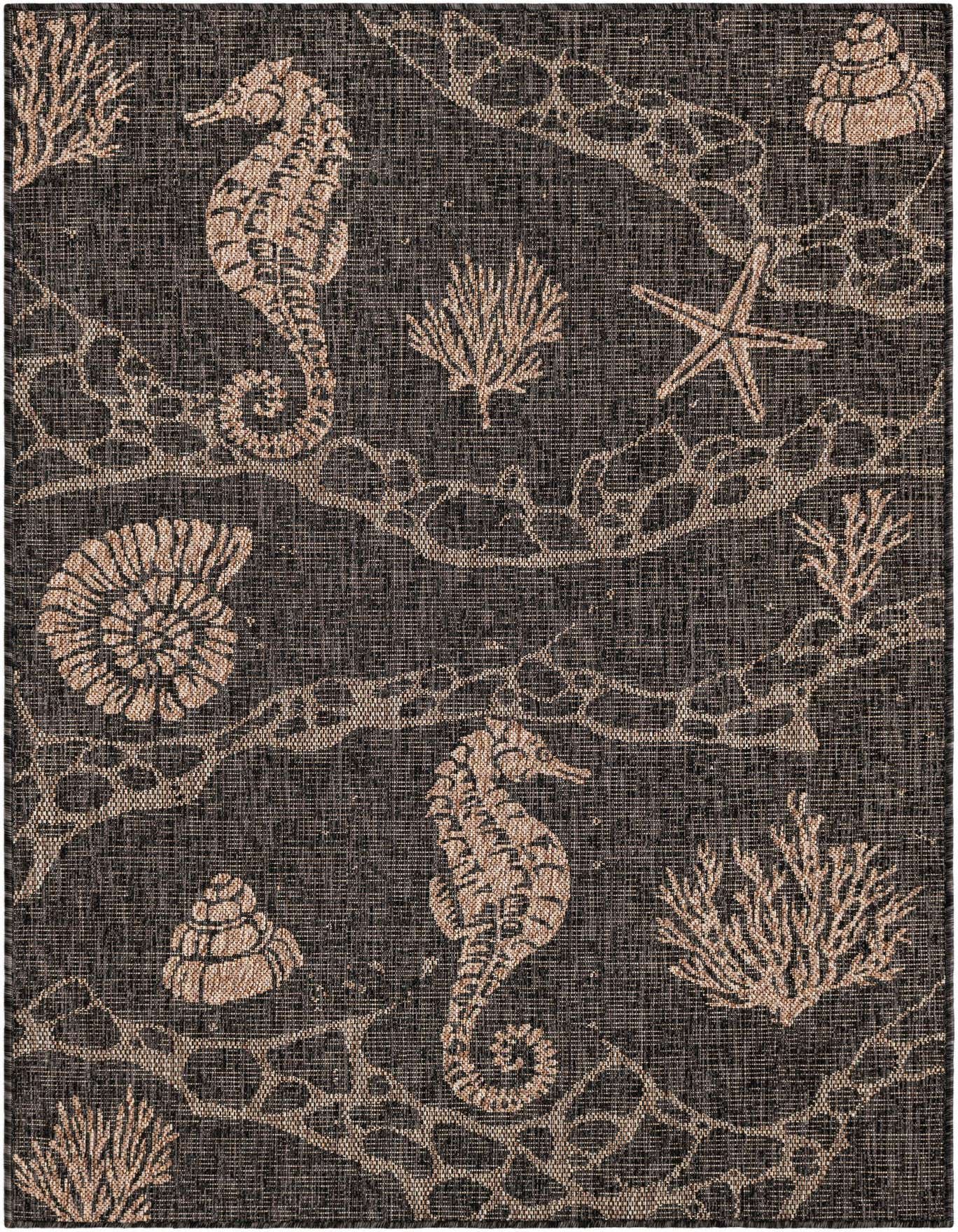 A 4x6 rectangular black indoor/outdoor rug with a beige coastal pattern featuring seahorses, starfish, and coral.