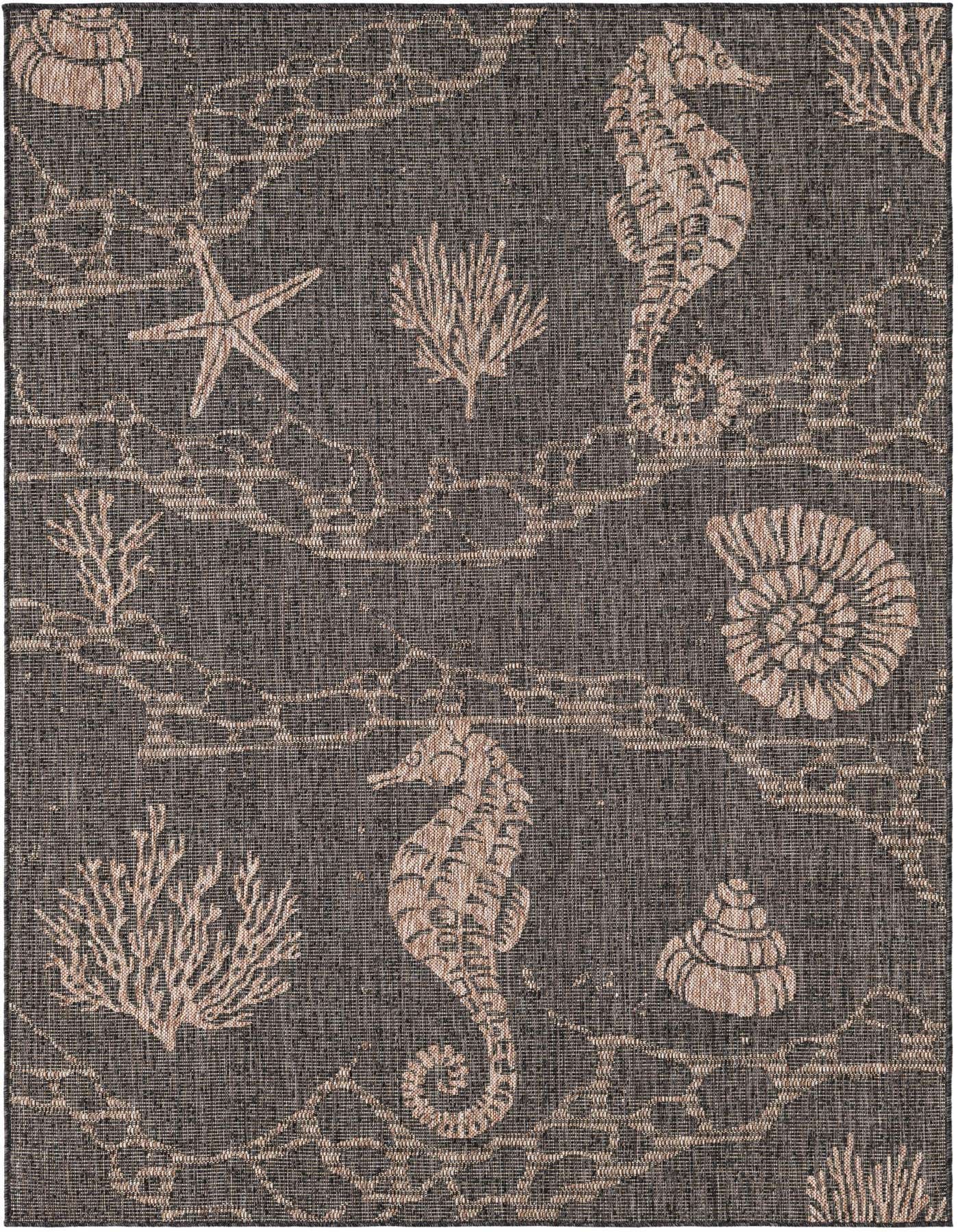A 5x8 rectangular black indoor/outdoor rug with a beige coastal pattern featuring seahorses, starfish, and coral.