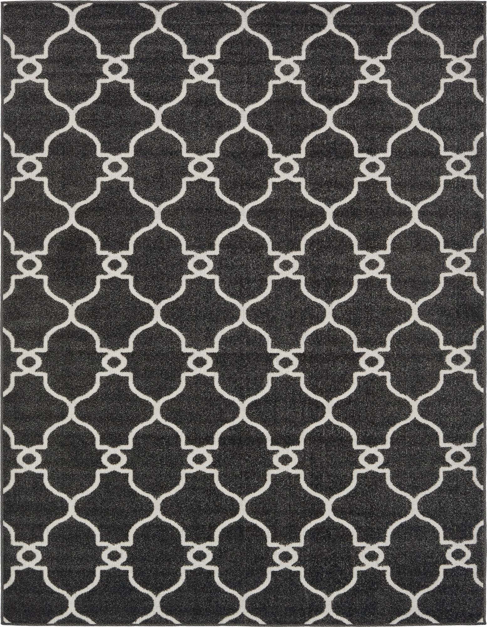 A 5x8 rectangular black rug with a white trellis pattern, suitable for indoor or outdoor use.
