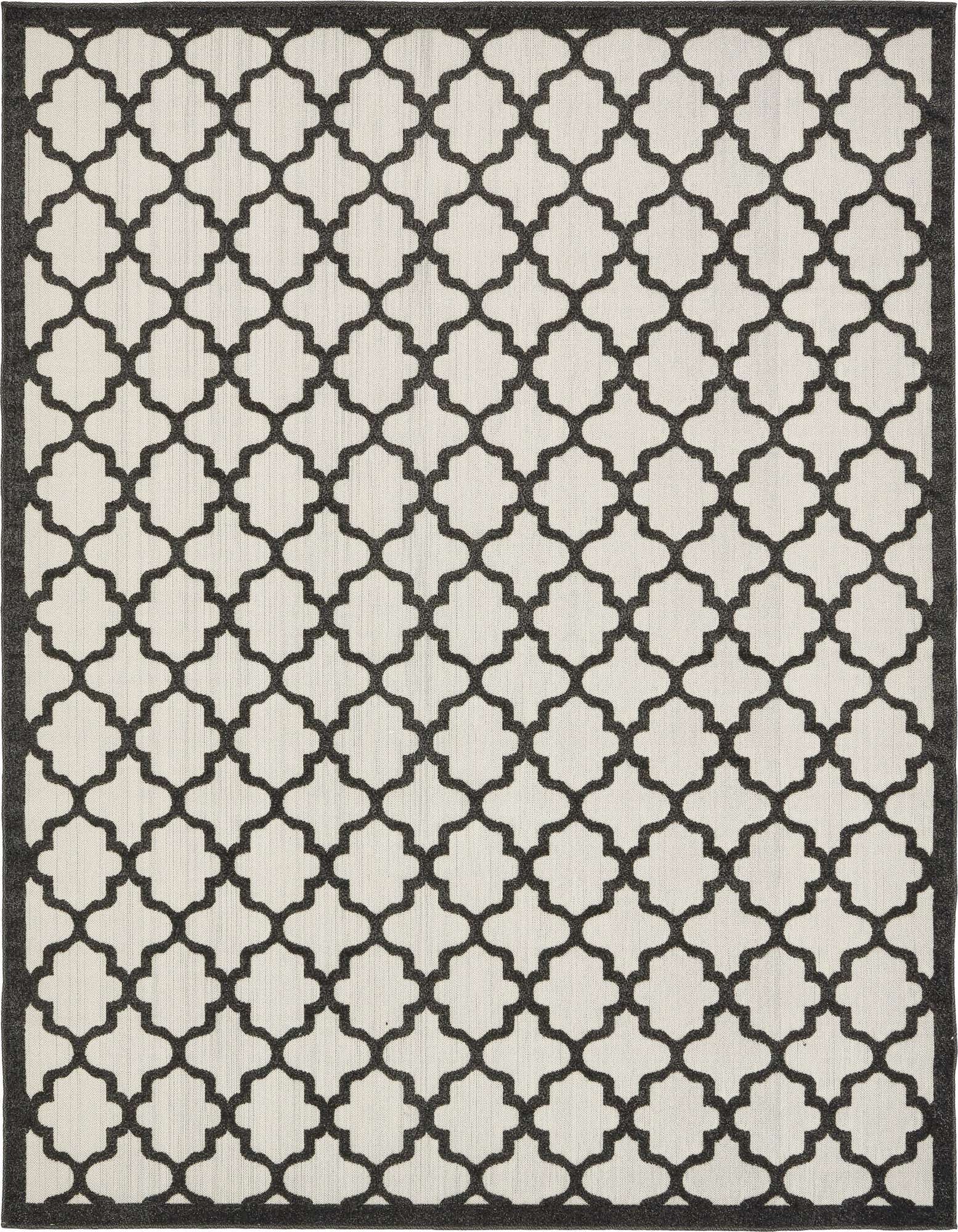 An 8x10 rectangular black and white flatweave rug with a modern trellis pattern and dark border.