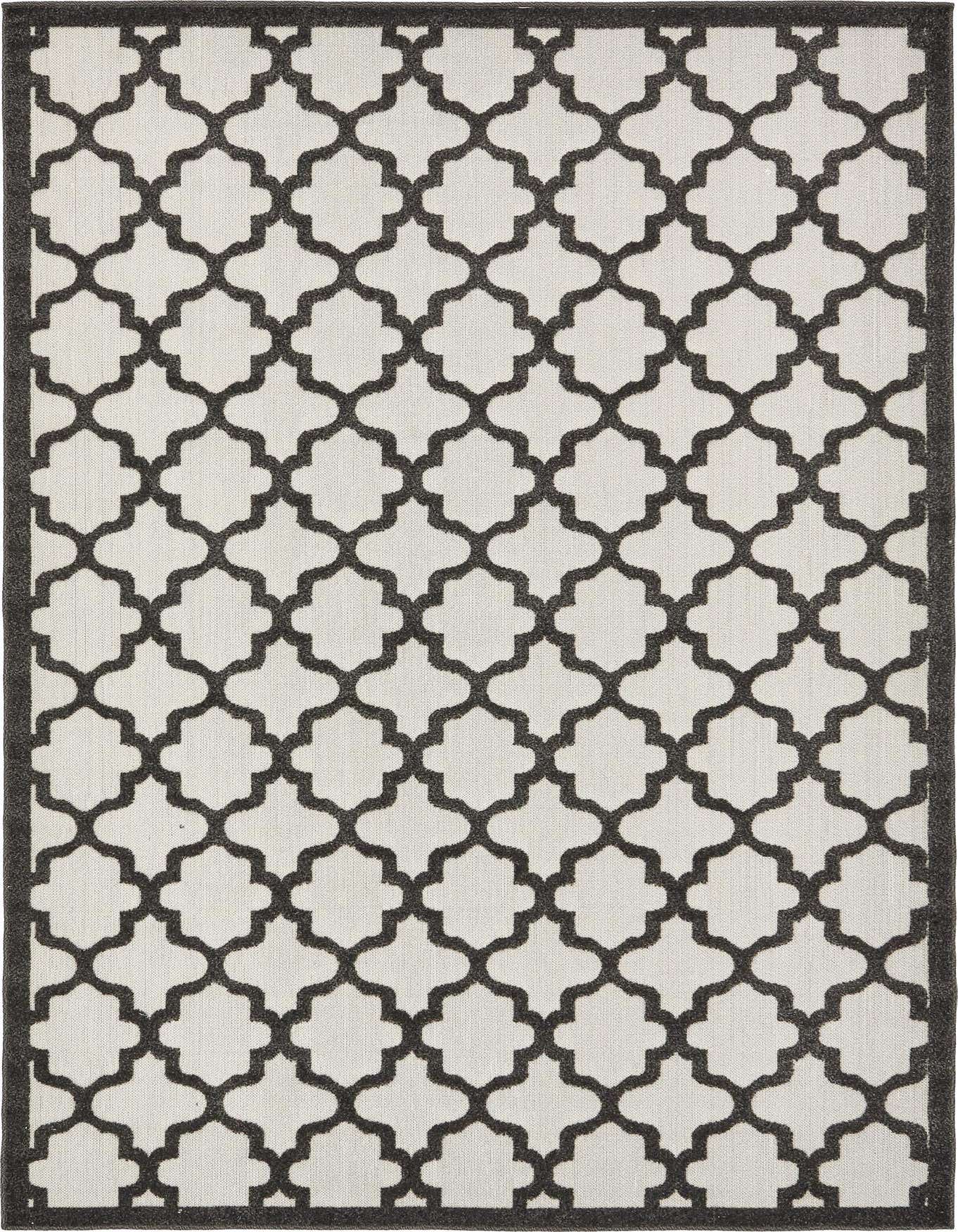 A 6x9 rectangular black and white trellis rug with a dark border, suitable for indoor or outdoor use.