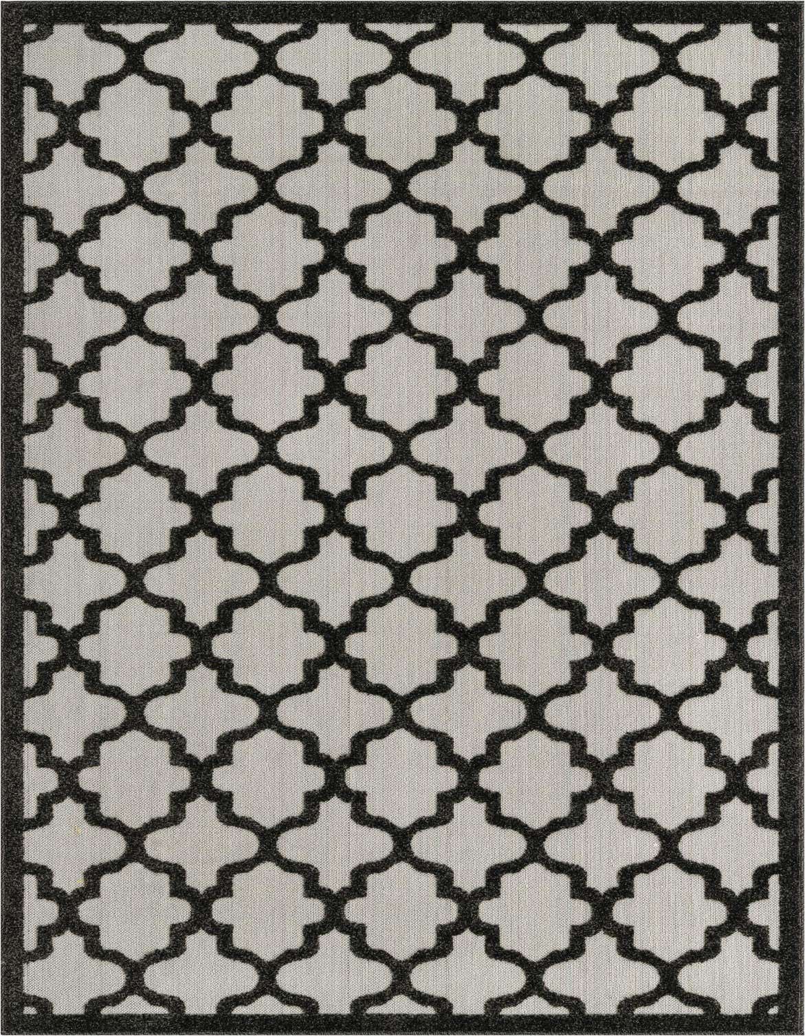 A 5x8 rectangular black and white trellis pattern rug with a flat, textured pile, suitable for indoor or outdoor use.