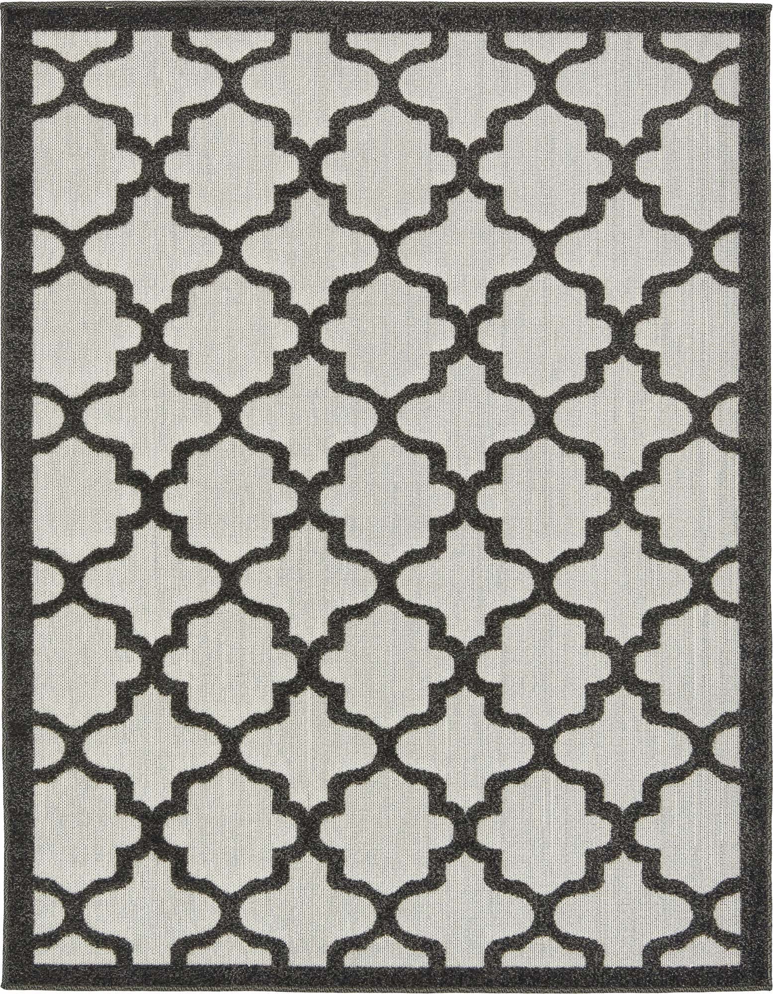 A 4x6 rectangular black and white flatweave rug with a modern trellis pattern and a dark border.