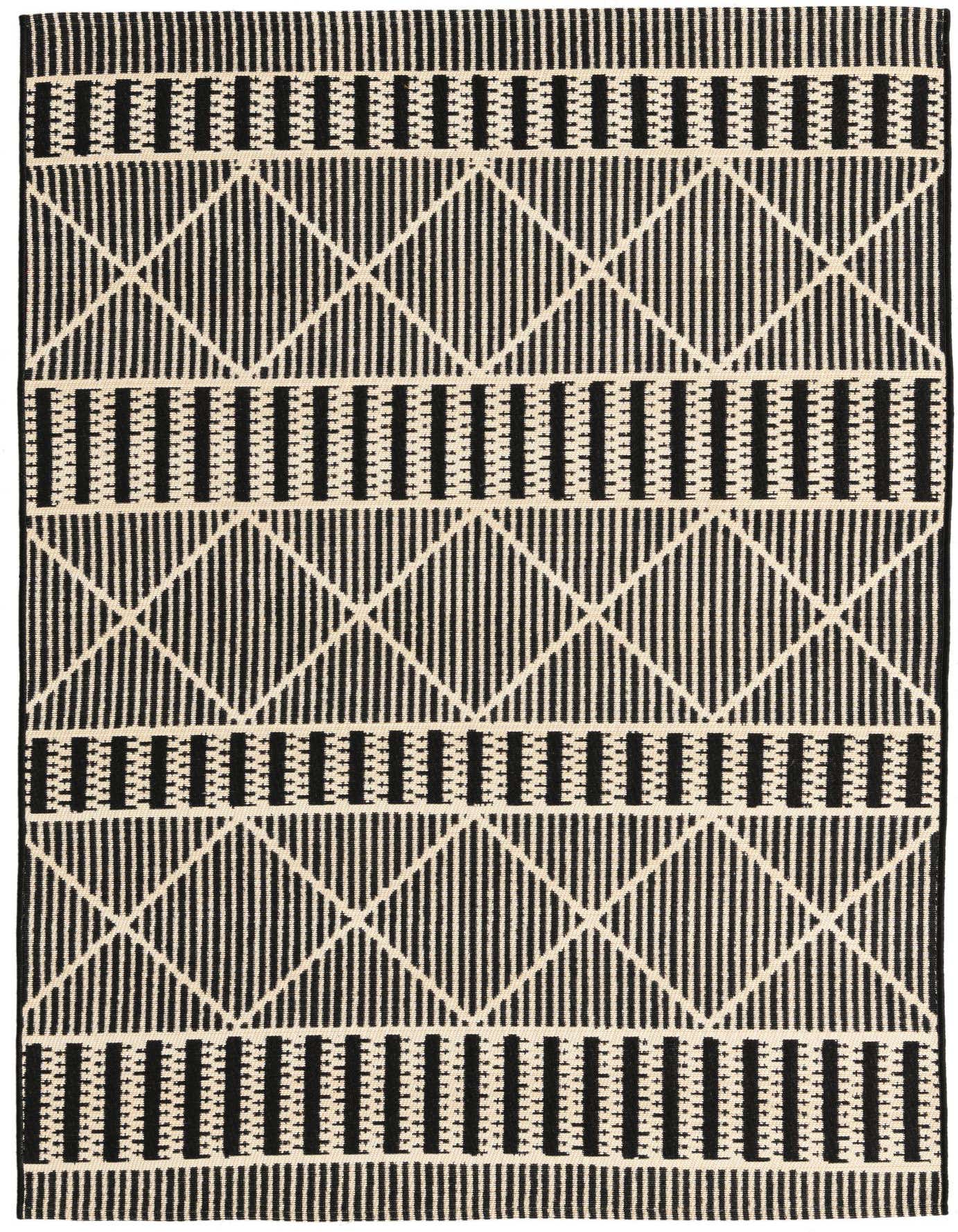 A 4x6 black and off-white rectangular rug with a modern tribal trellis pattern, ideal for indoor or outdoor spaces.