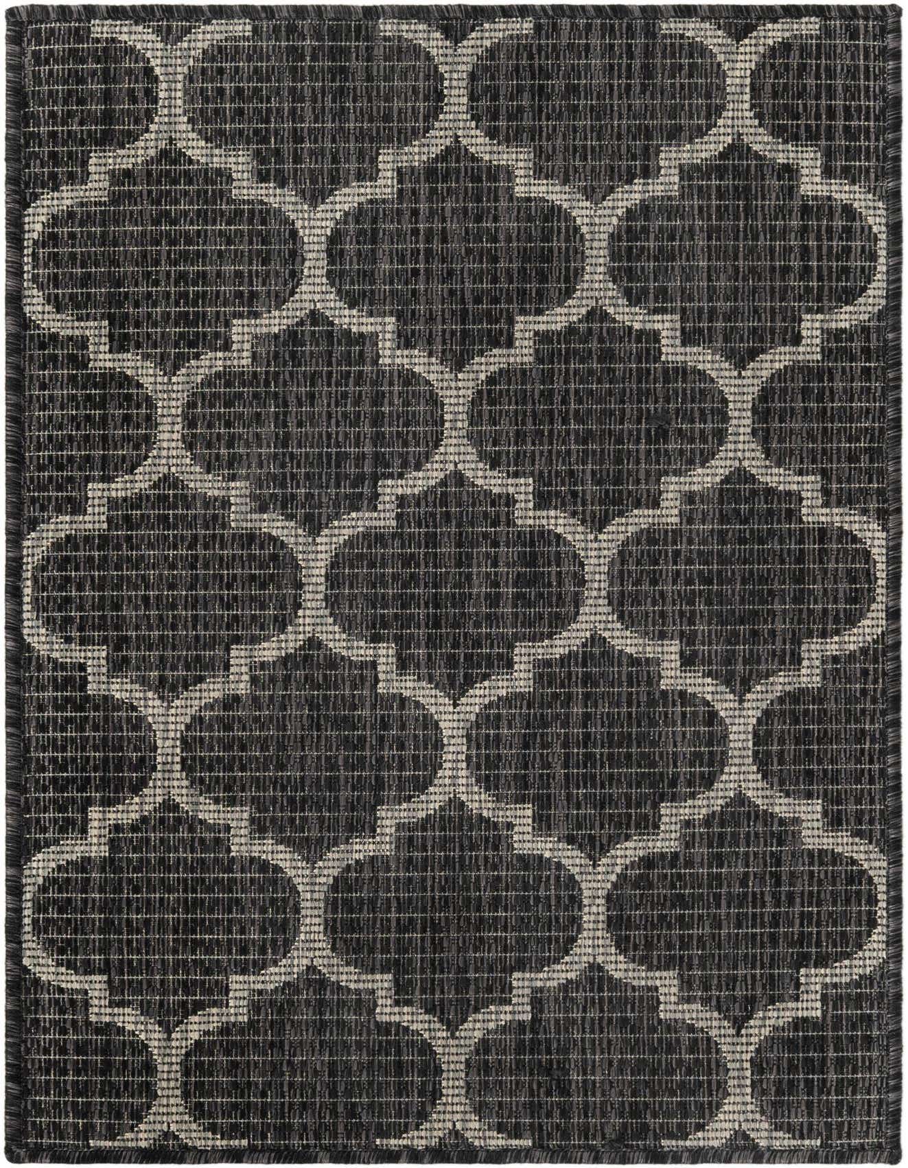 A 2x3 rectangular black indoor/outdoor rug with a light grey modern trellis pattern, suitable for a patio or entryway.