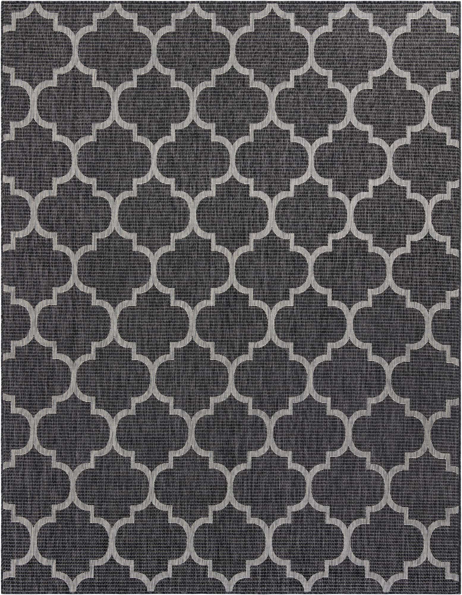 A black 8x10 rectangular indoor/outdoor rug with a repeating light gray modern lattice pattern, suitable for a patio or living room.