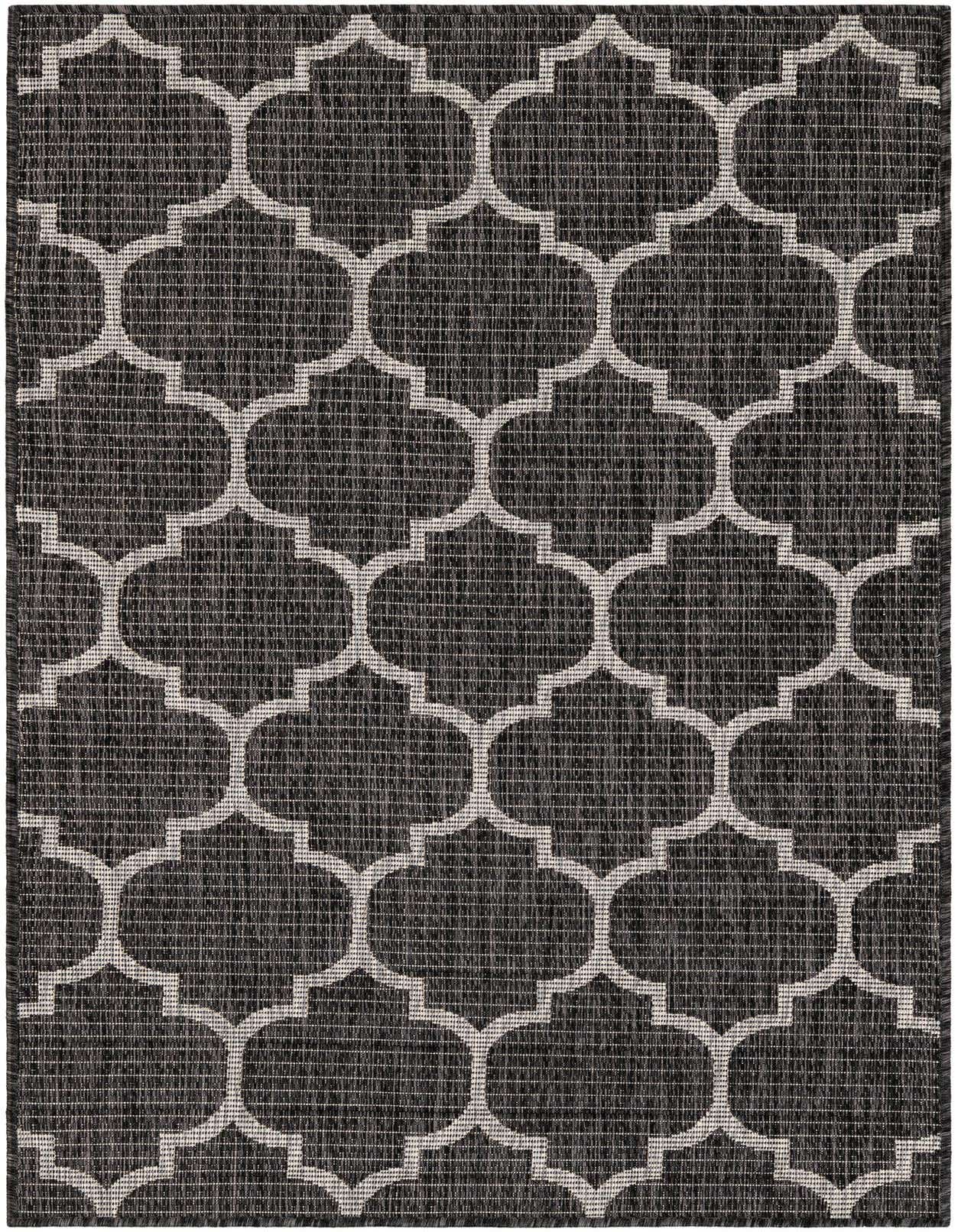 A 3x5 rectangular black modern rug with a repeating white geometric lattice pattern, suitable for indoor or outdoor use.