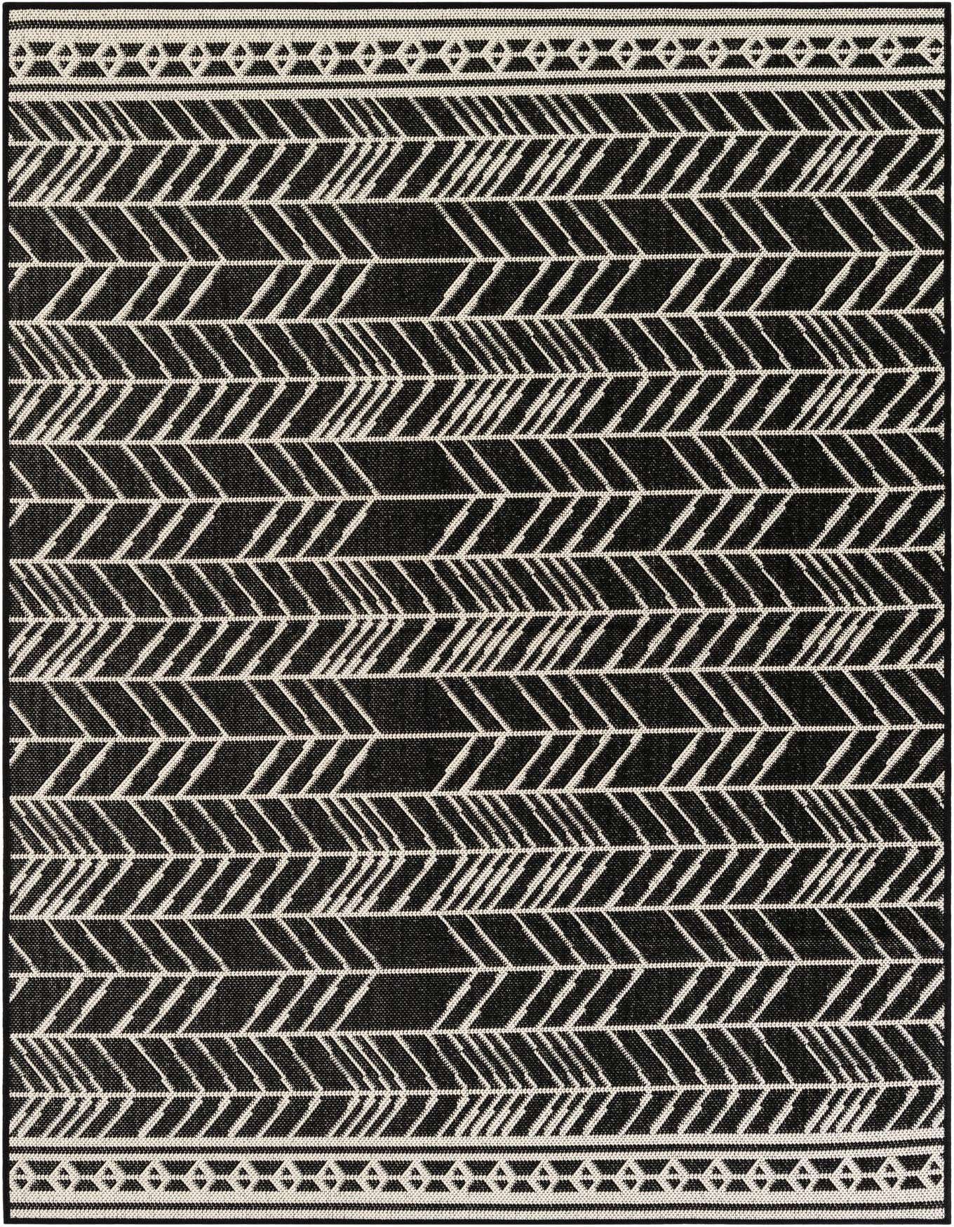 A 5x8 rectangular black and off-white modern rug with a bold abstract arrow pattern and decorative border, suitable for indoor or outdoor use.