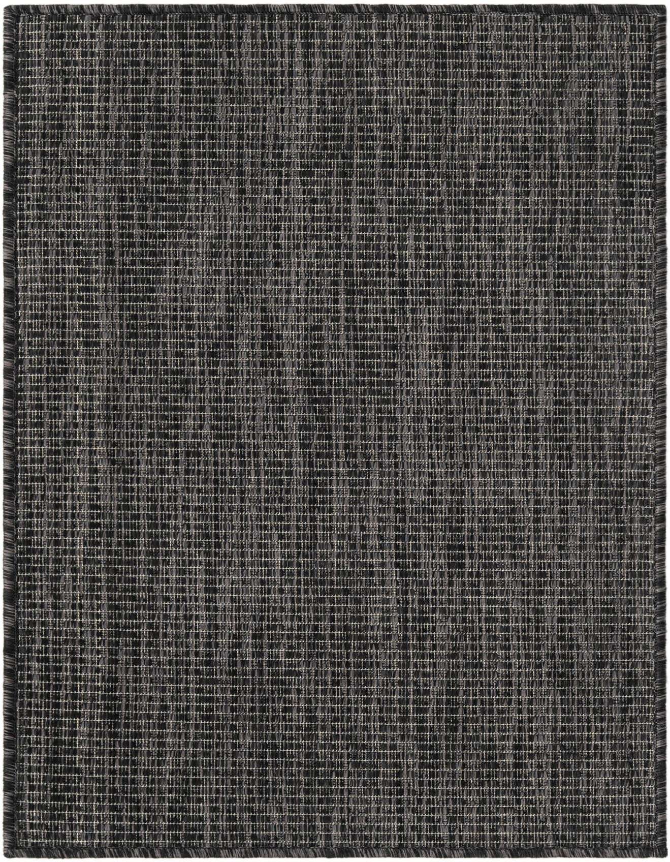A 2x3 rectangular black modern flatweave rug with a textured, solid pattern, suitable for indoor or outdoor use.