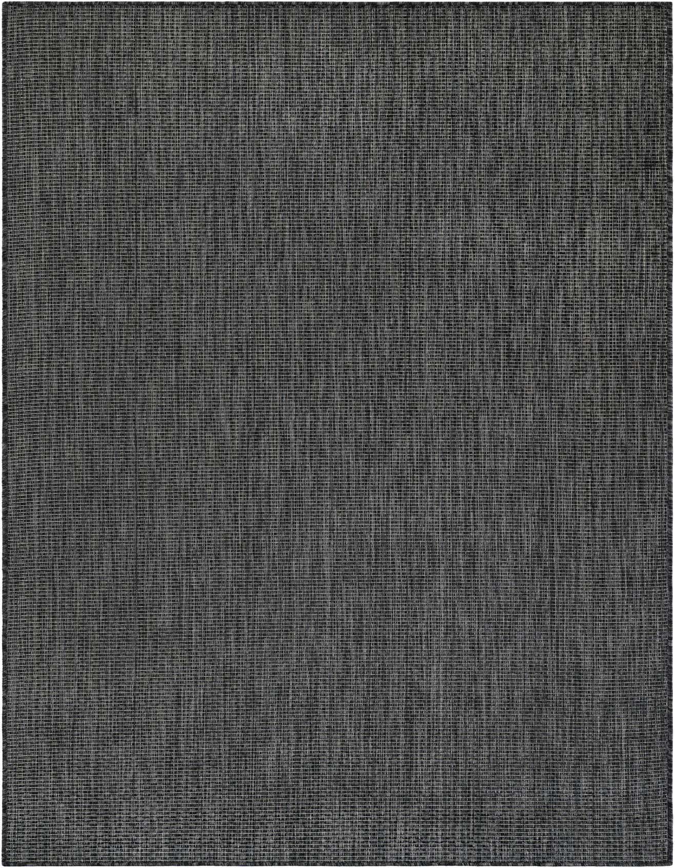A 5x7 rectangular black flatweave rug with a subtle textured pattern, suitable for indoor or outdoor use.