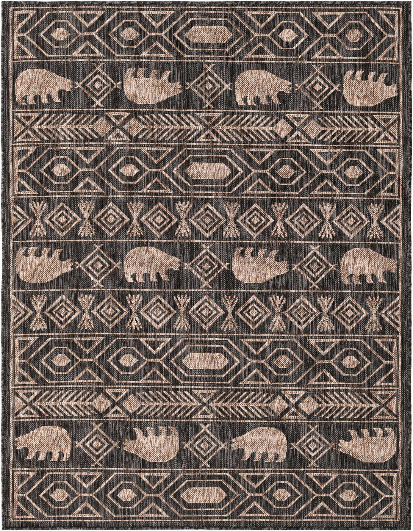 A 4x6 rectangular black and beige Southwestern rug with tribal patterns and bear motifs, suitable for indoor or outdoor use.