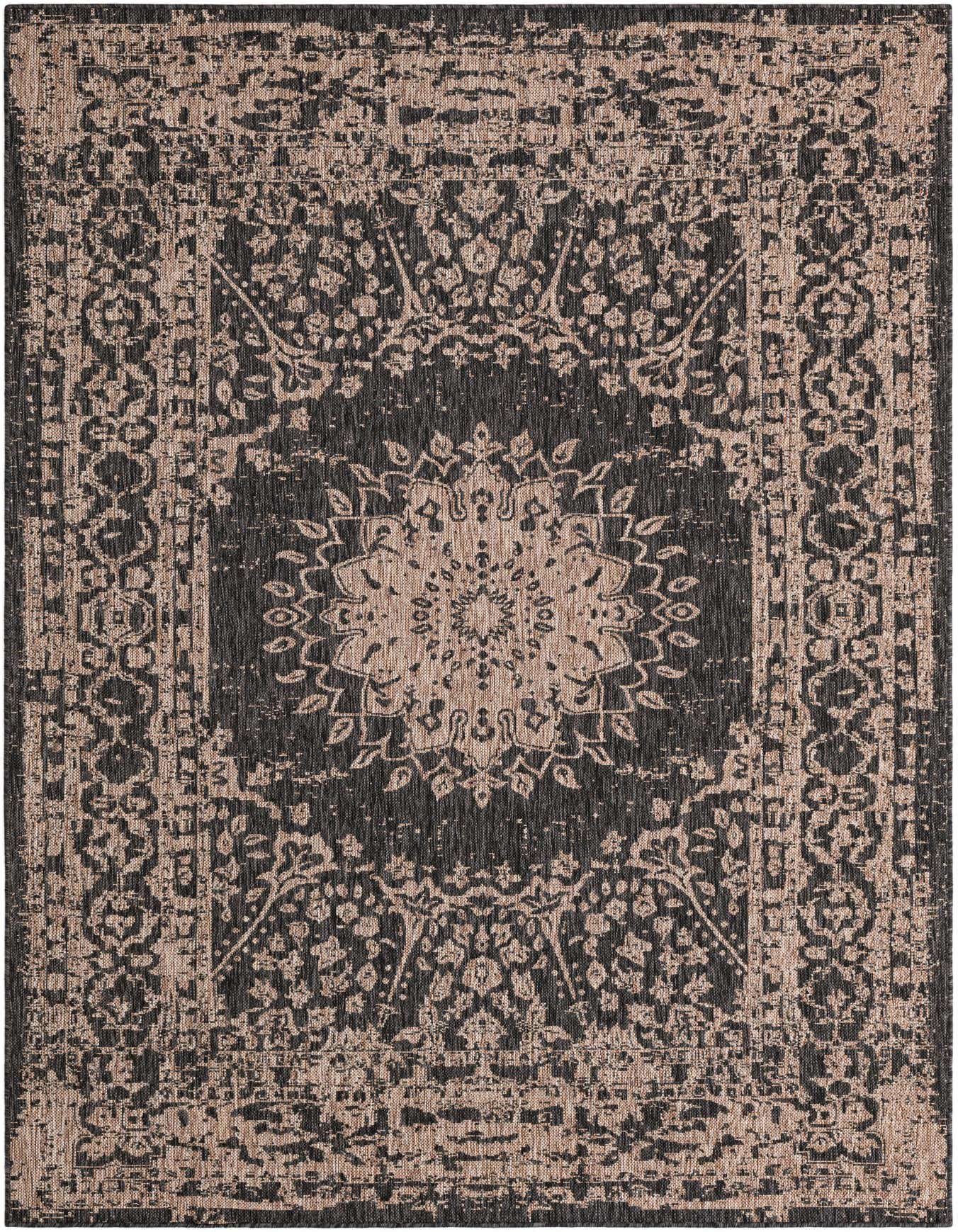 A 6x9 rectangular black and beige rug with a distressed traditional medallion pattern, suitable for indoor or outdoor use.