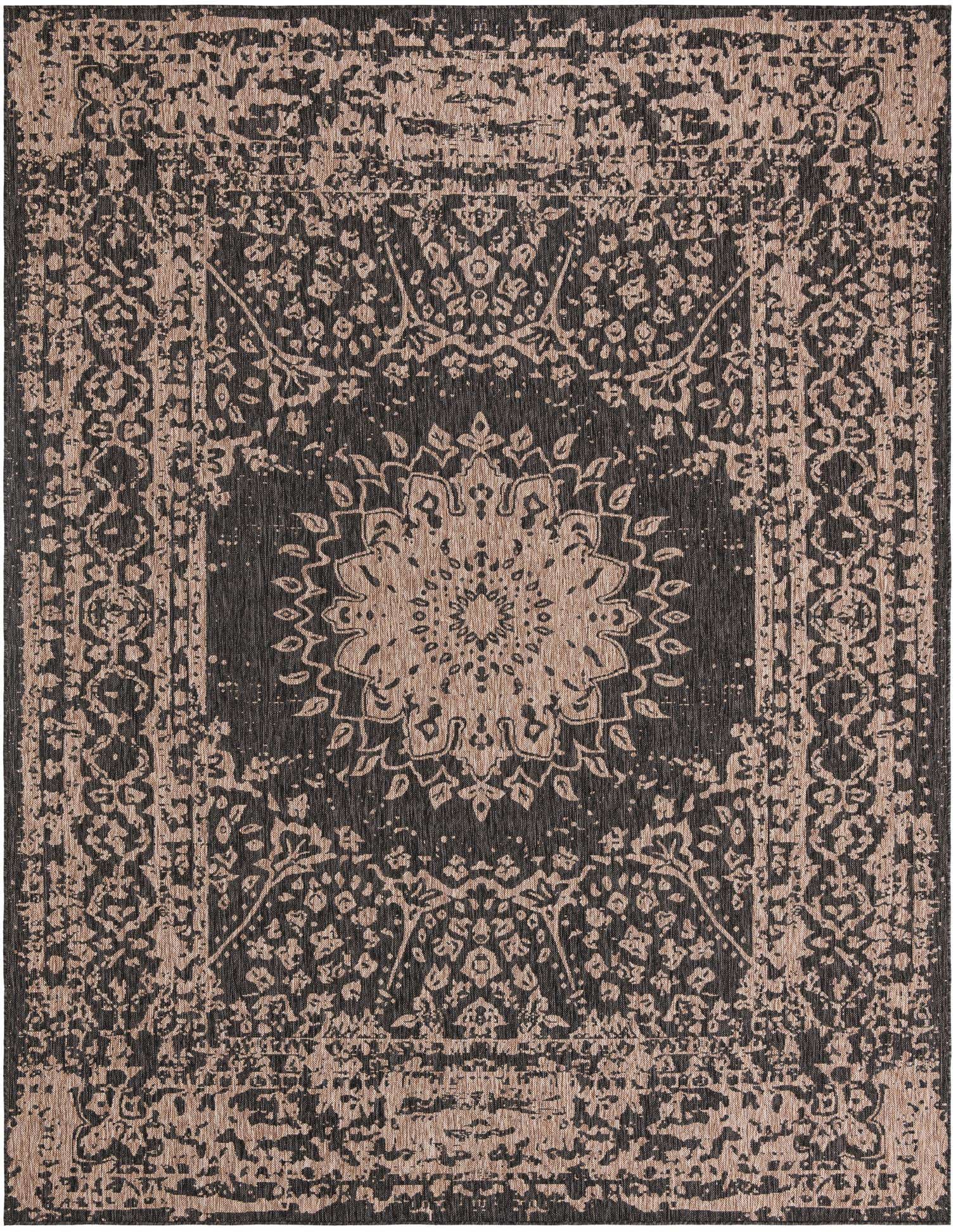 A 9x12 rectangular black and beige vintage medallion rug, suitable for indoor or outdoor use.