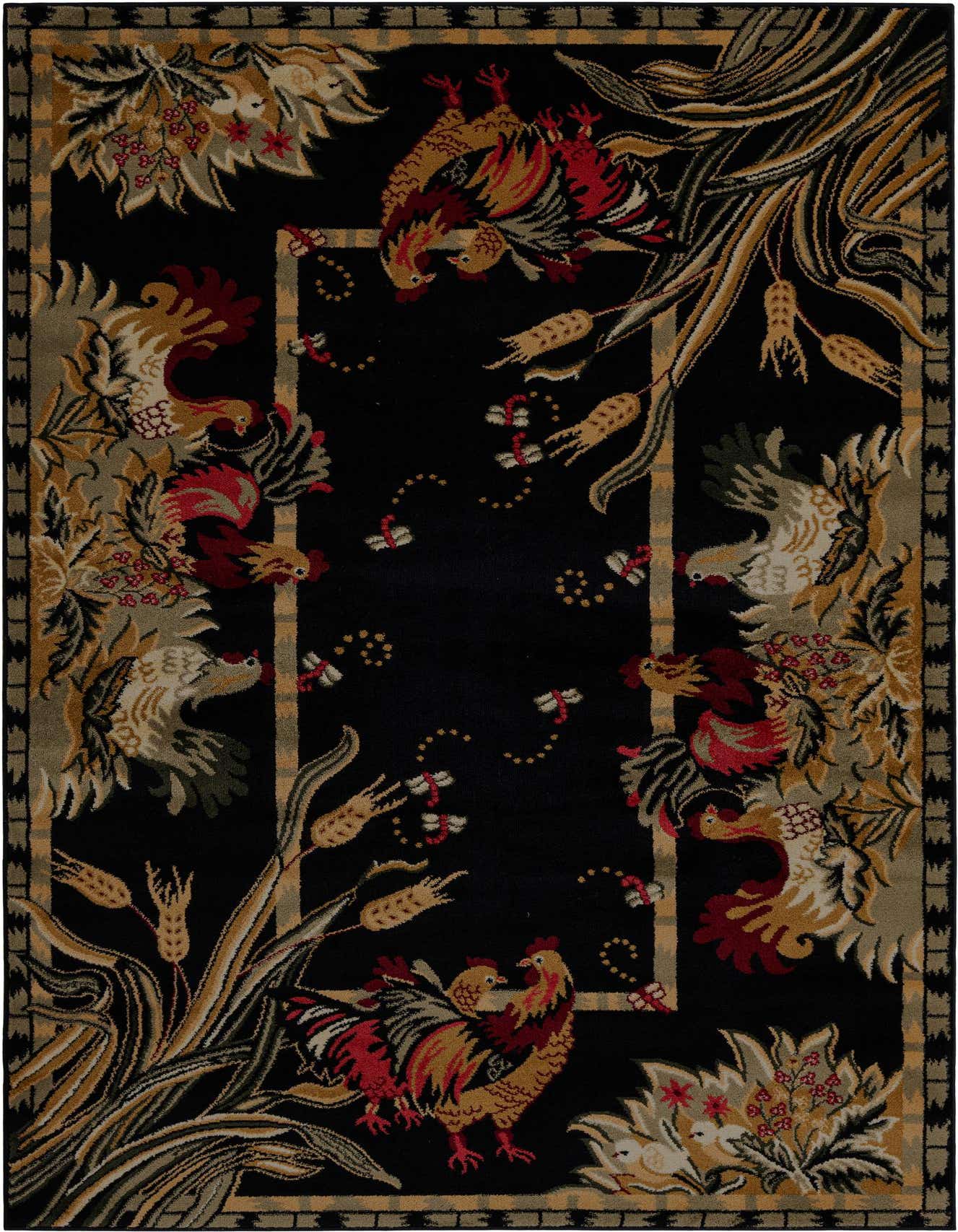 A 5x8 rectangular black rug with a traditional botanical pattern featuring roosters, wheat stalks, and floral accents in red, gold, and green.