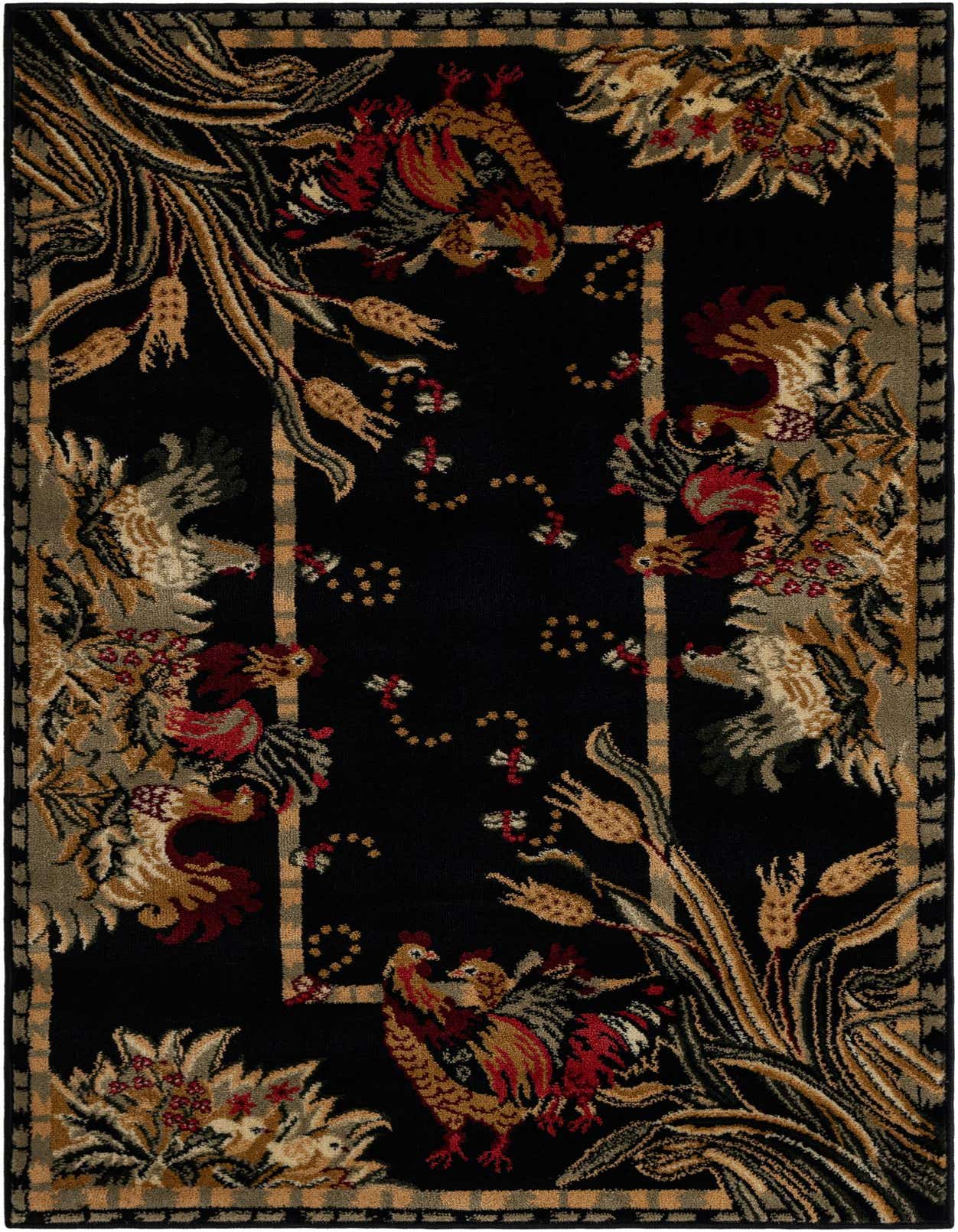 A 3x5 rectangular black rug with a traditional country pattern featuring roosters, floral motifs, and botanical elements.