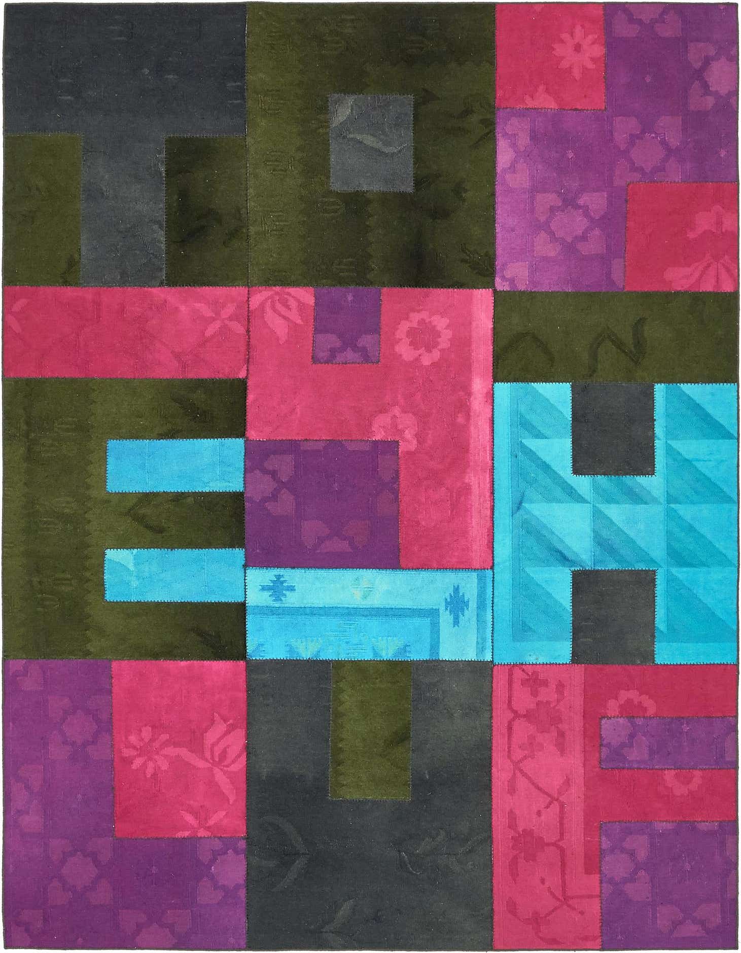 A 7x10 rectangular Rugs.com Patchwork rug featuring a modern abstract design with blocks of black, olive green, fuchsia, purple, and bright blue, some with subtle patterns.