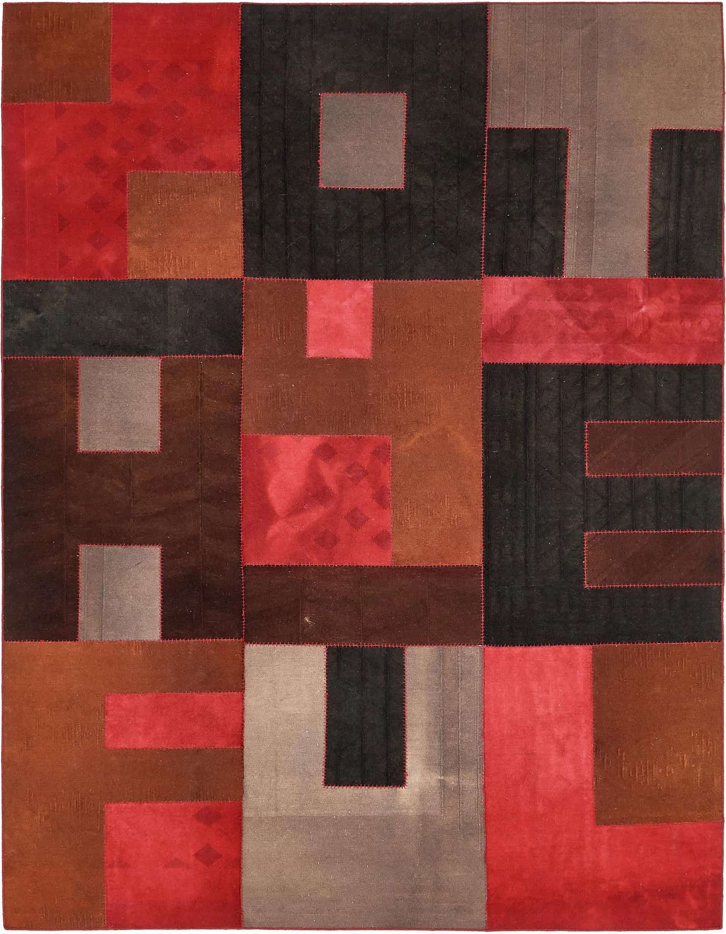 A 7x10 rectangular modern abstract rug with a patchwork design in shades of black, red, brown, and grey, featuring thin pile.
