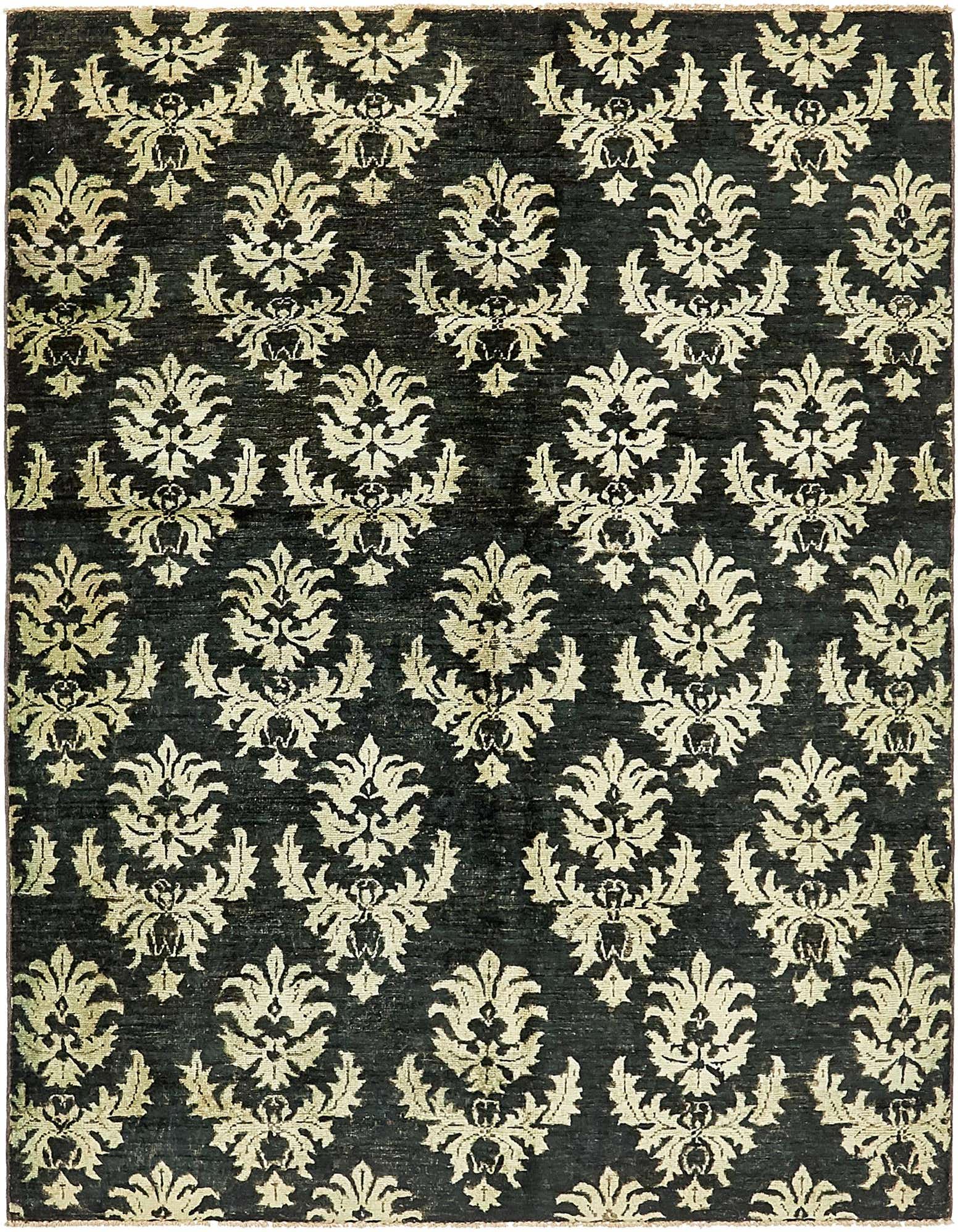A 4x6 rectangular Peshawar Ziegler rug featuring a repeating botanical and floral pattern in black and light gold, ideal for a living room.