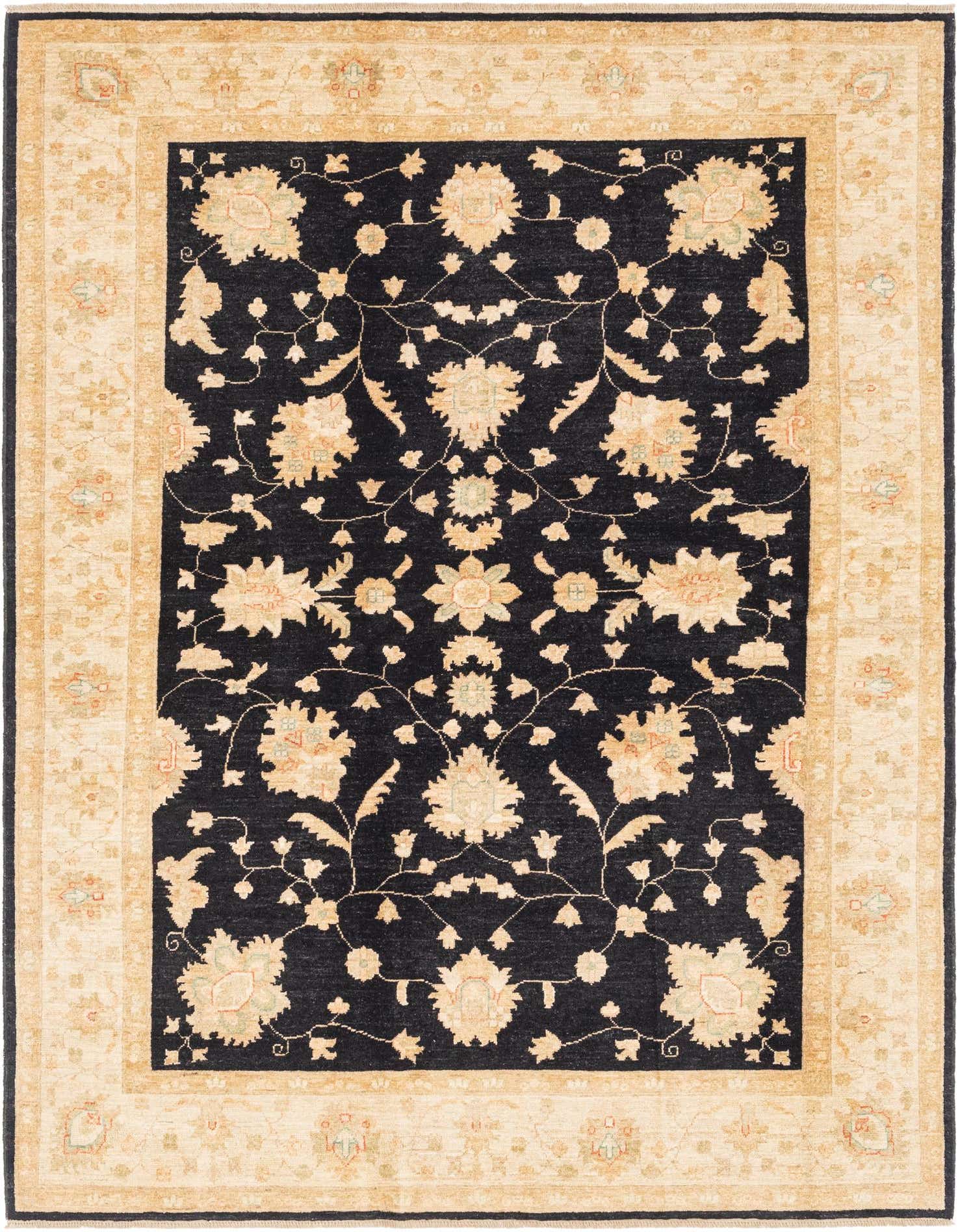A 6x9 rectangular Peshawar Ziegler rug with a black field and cream border, featuring a traditional botanical floral pattern in a living room setting.