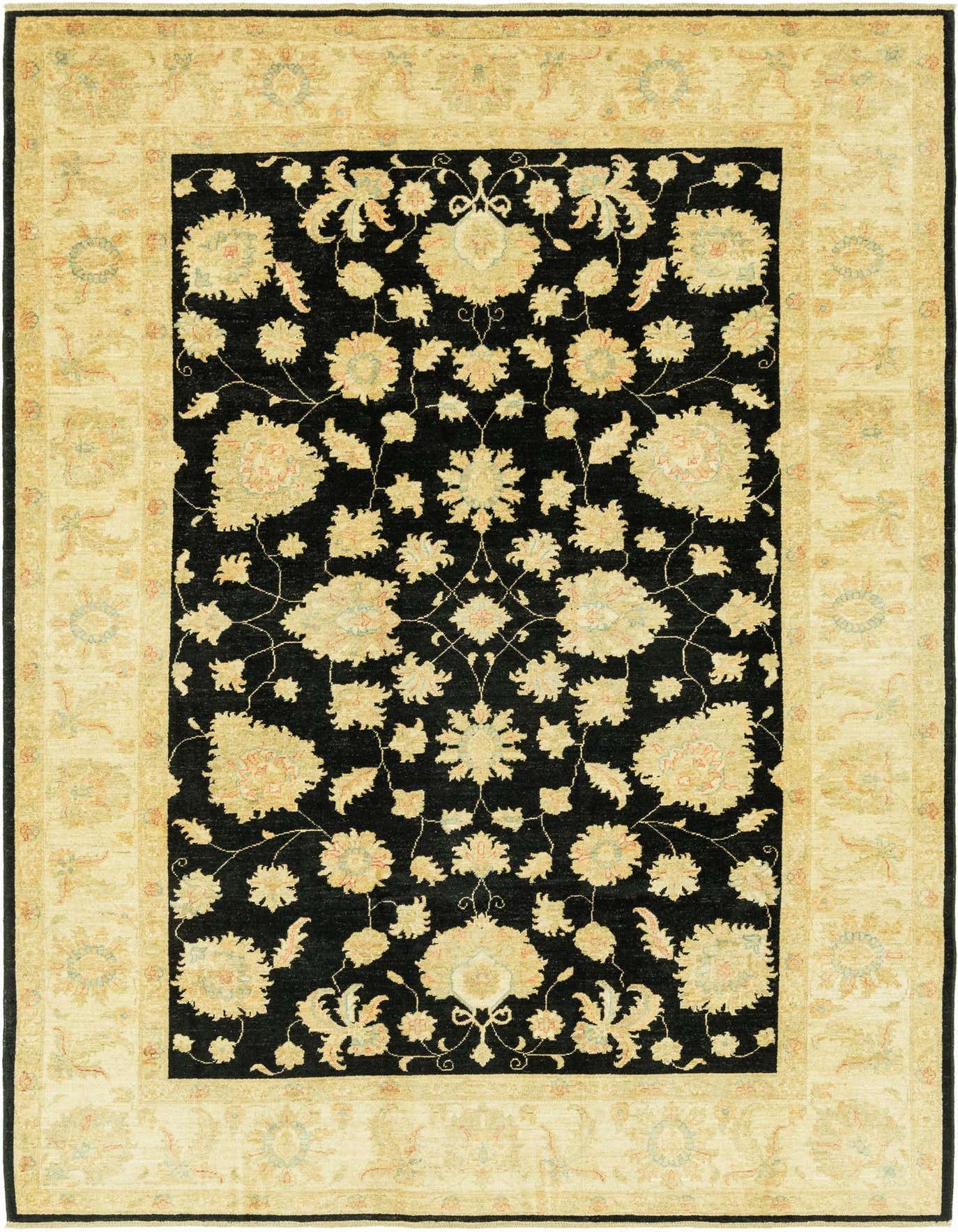 A 7x10 rectangular Peshawar Ziegler rug featuring a black field with light gold and subtle floral patterns, bordered by a light gold frame with delicate botanical motifs.