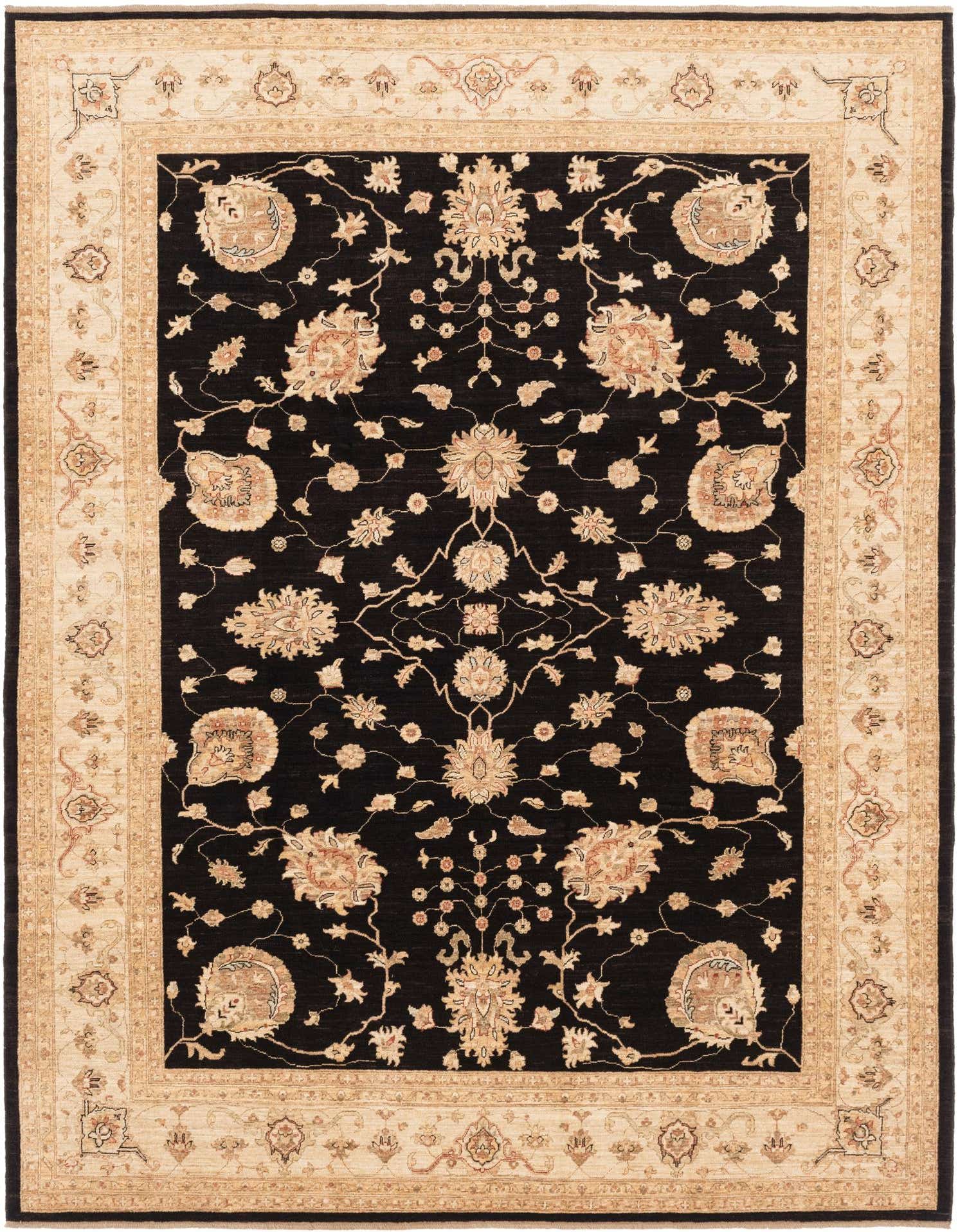 A 9x12 rectangular Peshawar Ziegler rug featuring a black field with intricate botanical and floral patterns in beige and light brown, framed by a wide beige border with complementary designs, perfect for a living room.