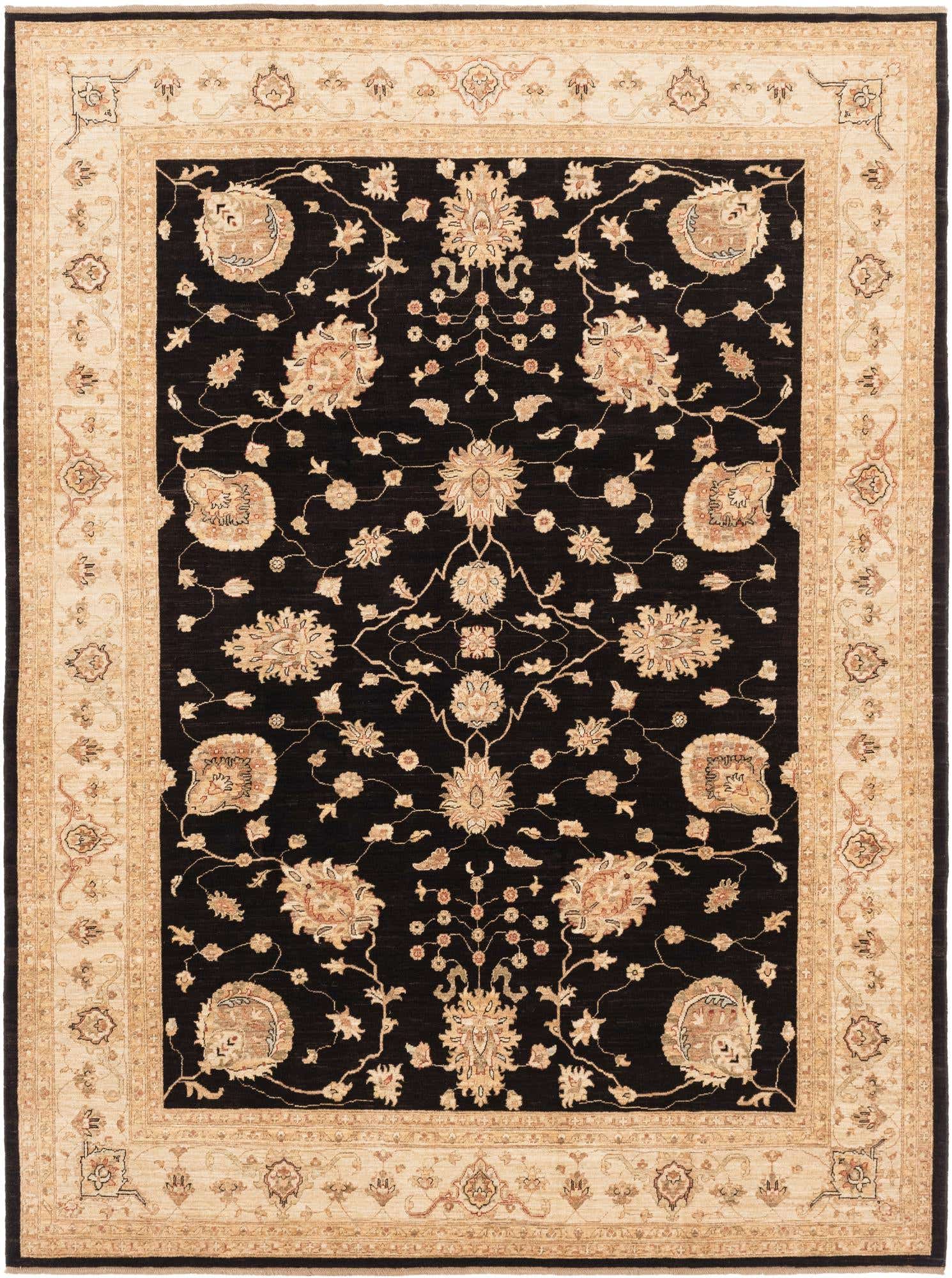 A 9x12 rectangular Peshawar Ziegler rug featuring a black field with intricate botanical and floral patterns in beige and light brown, framed by a wide beige border with complementary designs, perfect for a living room.