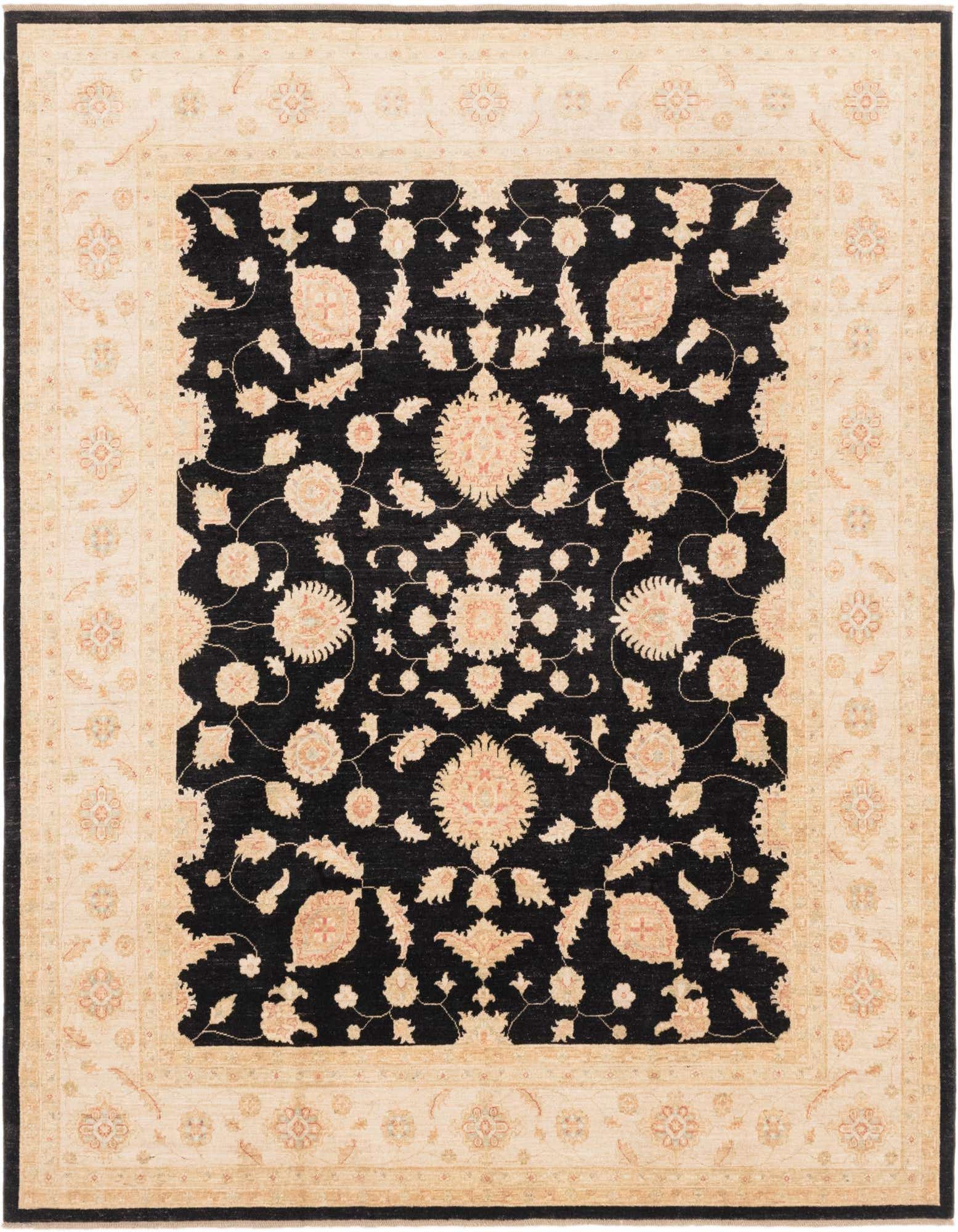 8x10 rectangular Peshawar Ziegler rug with a black field and cream traditional floral botanical pattern, featuring a cream border.
