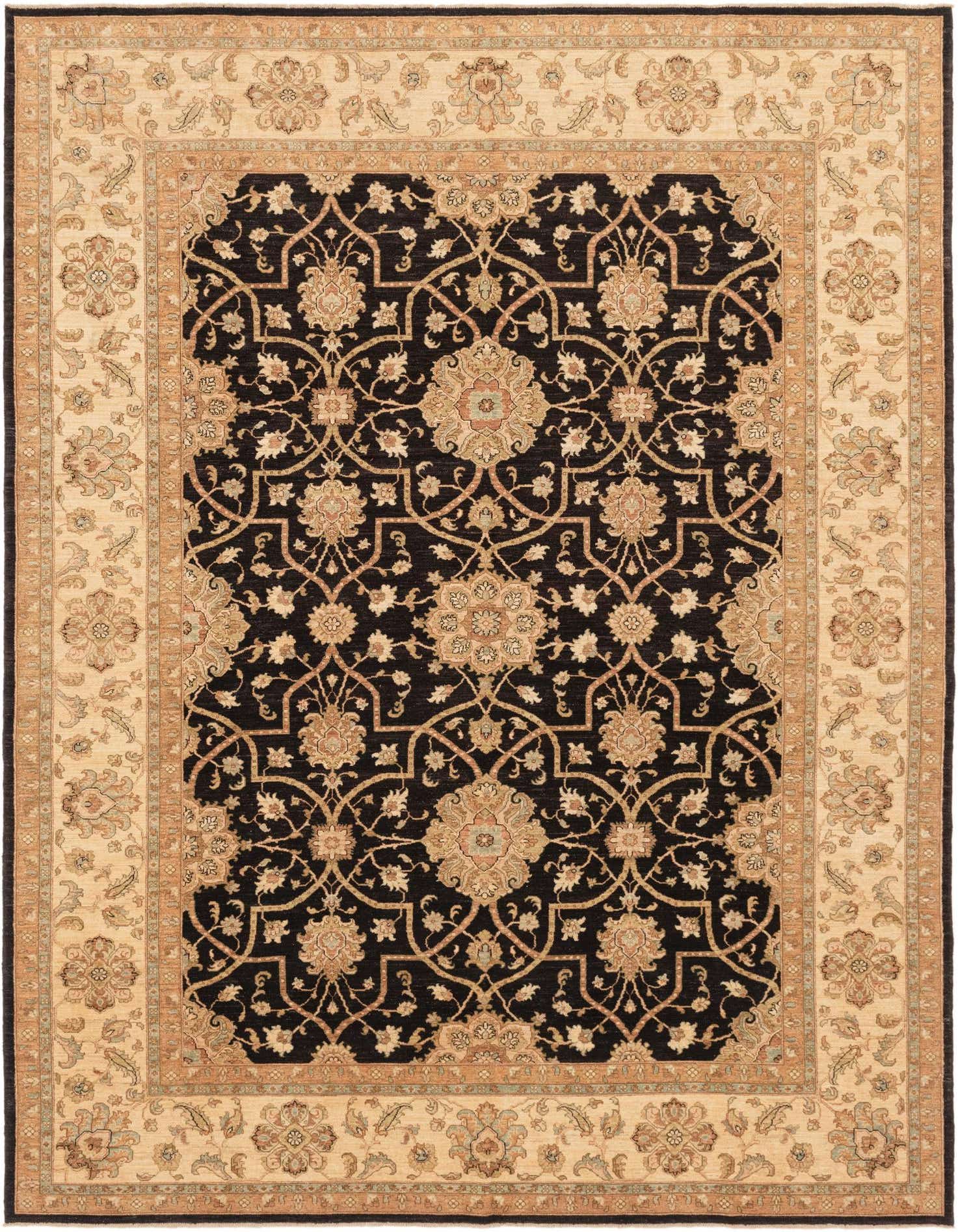 A large 10x14 rectangular black and beige traditional rug with intricate botanical and floral patterns.