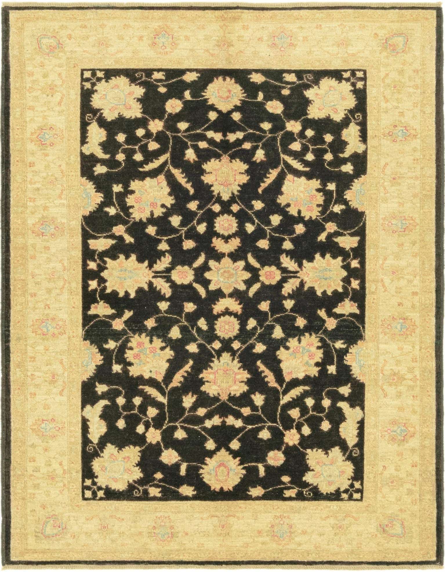 A 4x6 rectangular Peshawar Ziegler rug with a black field and an ornate botanical pattern in light gold, pink, and blue, framed by a wide gold border with tribal motifs.