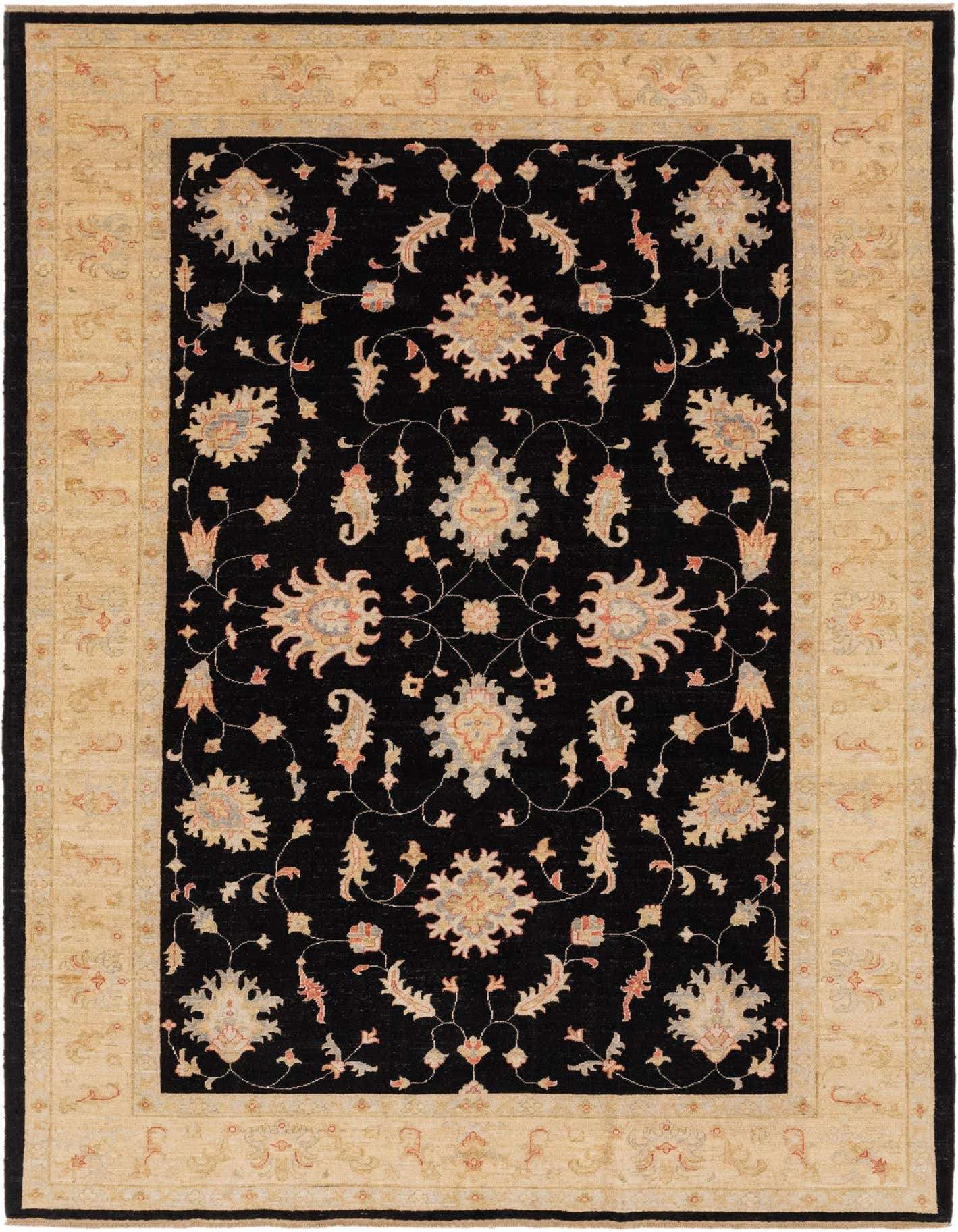 A 7x10 rectangular Peshawar Ziegler rug featuring a black field with an intricate botanical and floral pattern in cream, light blue, and coral, framed by a wide cream border with subtle traditional motifs.