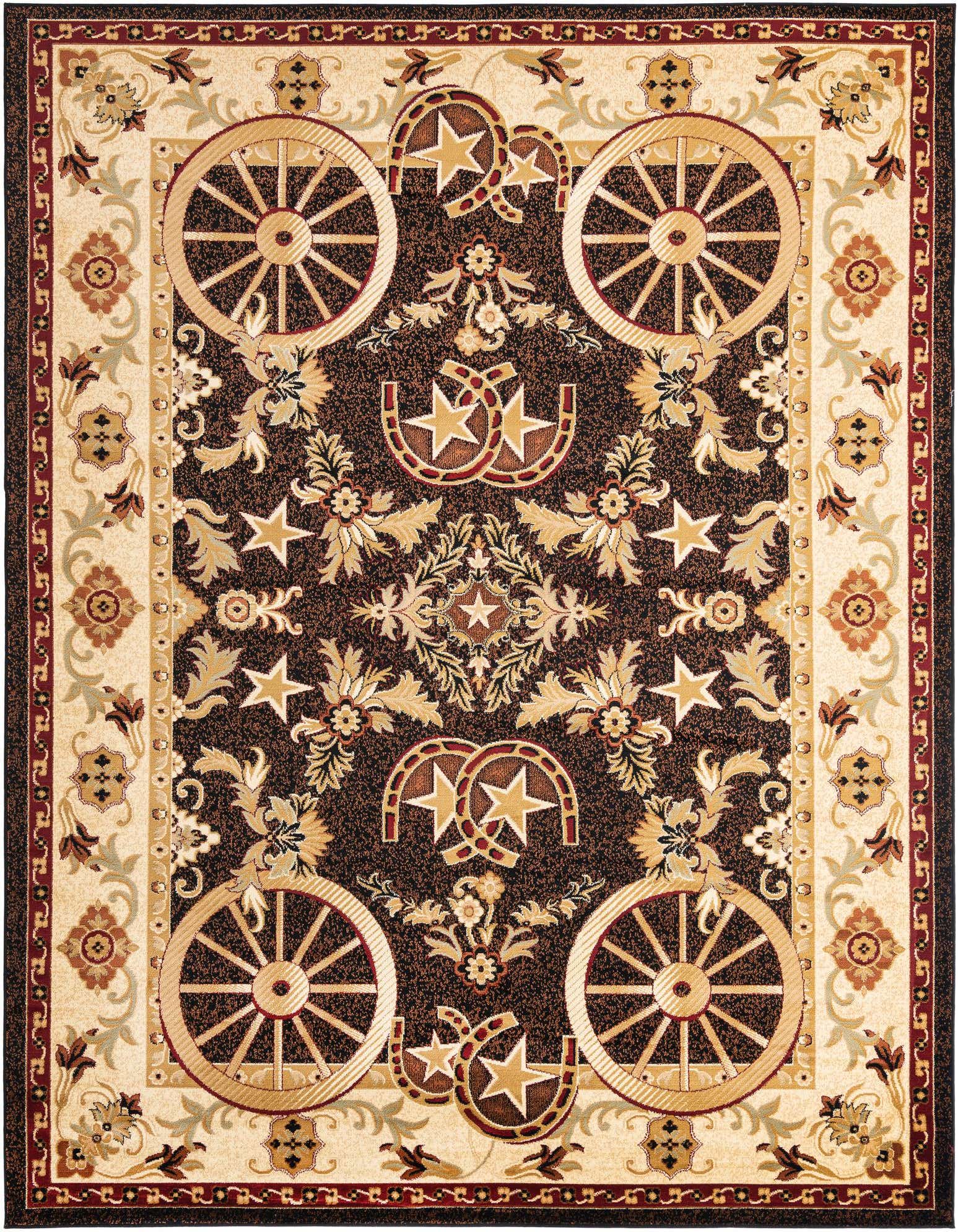 A 9x12 rectangular black rustic rug featuring wagon wheels, horseshoes, and stars with a cream and red border.