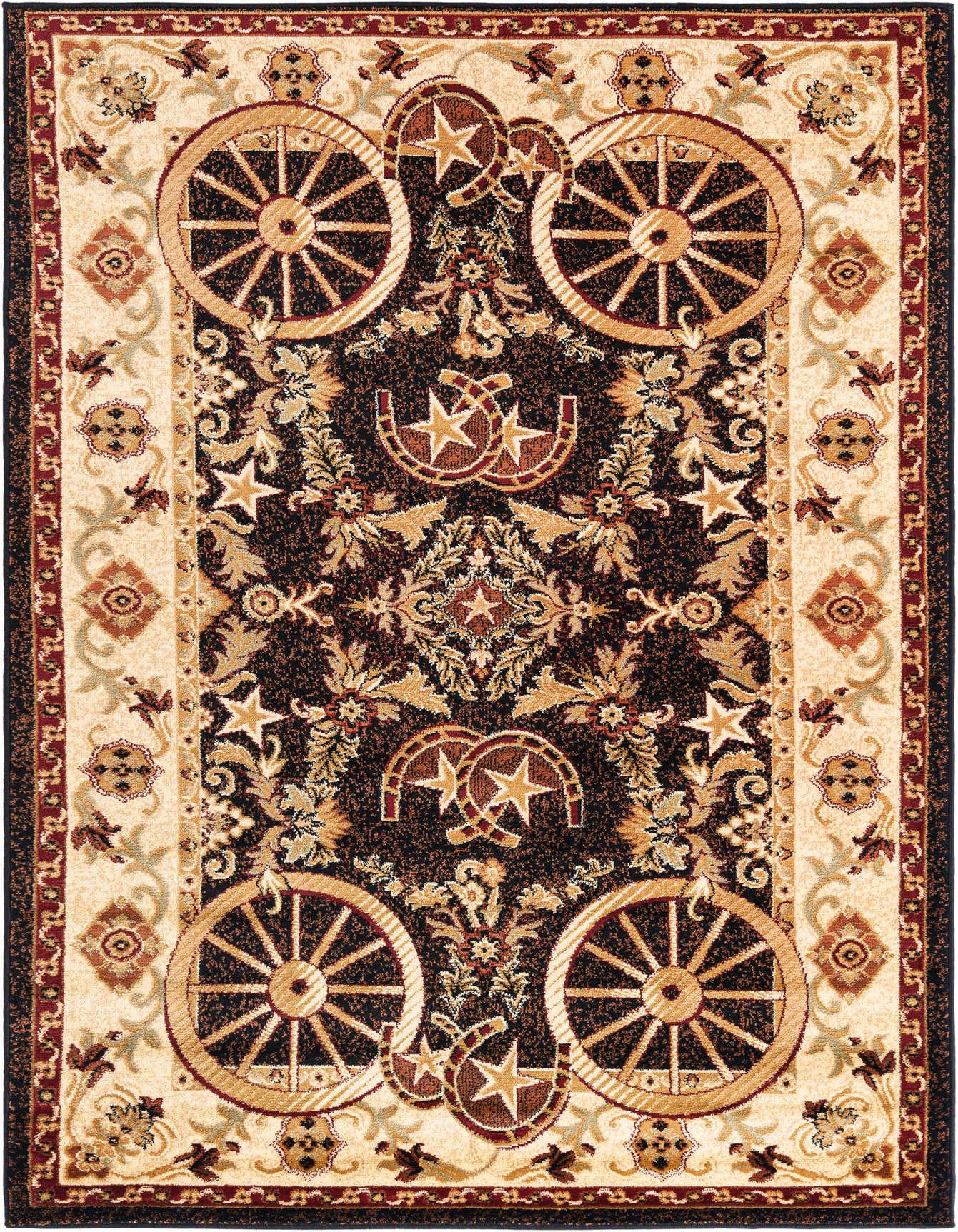 A 5x8 rectangular black and beige rustic rug with wagon wheels, horseshoes, and stars, perfect for a living room.
