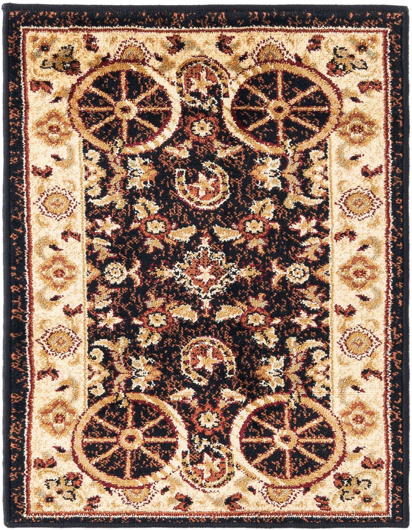 A 2x3 rectangular Pioneer rug featuring a rustic medallion pattern in black, cream, and red tones, ideal for an entryway.