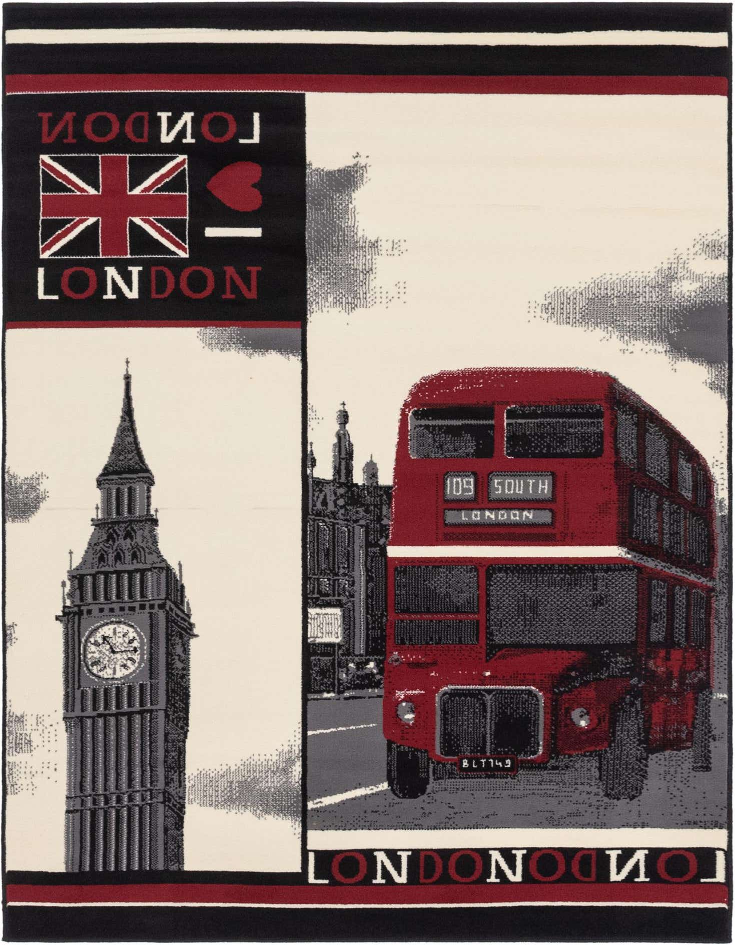 A 5x7 rectangular rug featuring a London cityscape with Big Ben and a red double-decker bus, framed by black and red borders.